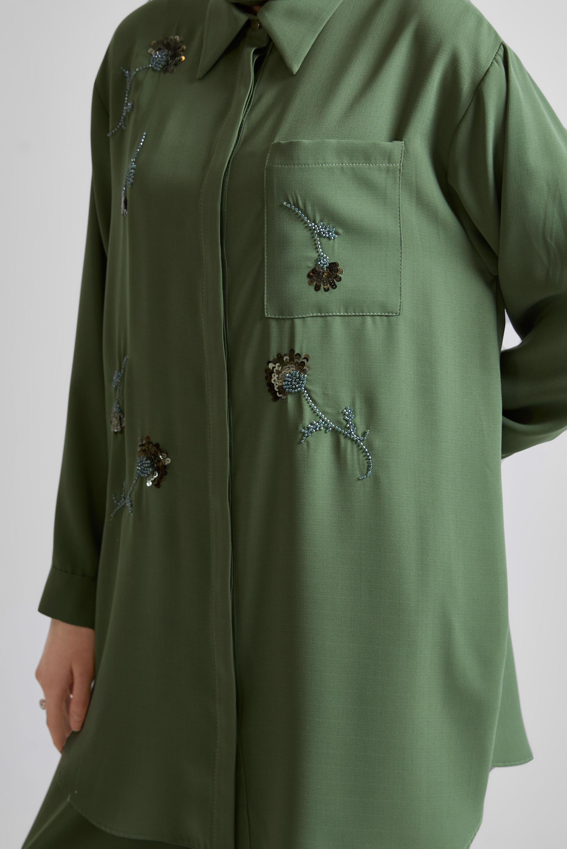 Tesettür giyim HAKİ GÖMLEK YAKA PANTOLONLU TAKIM 45418