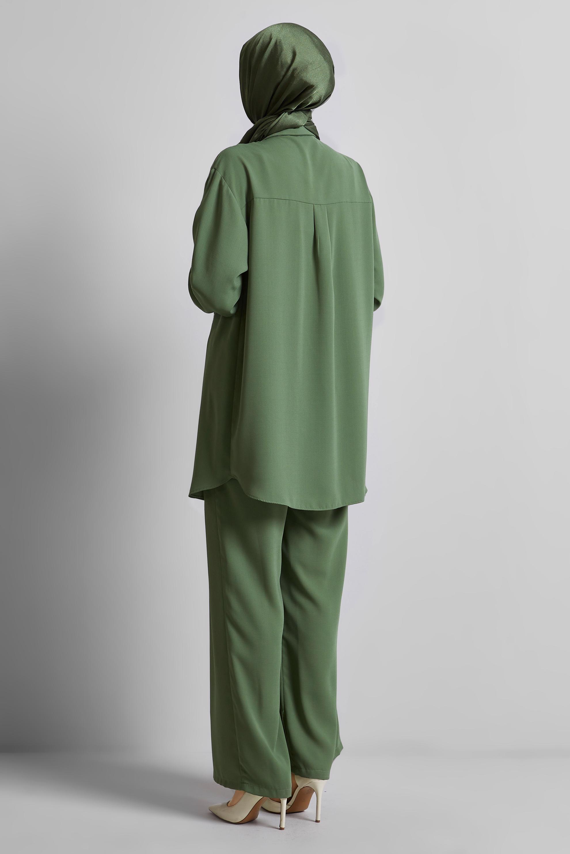 Tesettür giyim HAKİ GÖMLEK YAKA PANTOLONLU TAKIM 45418
