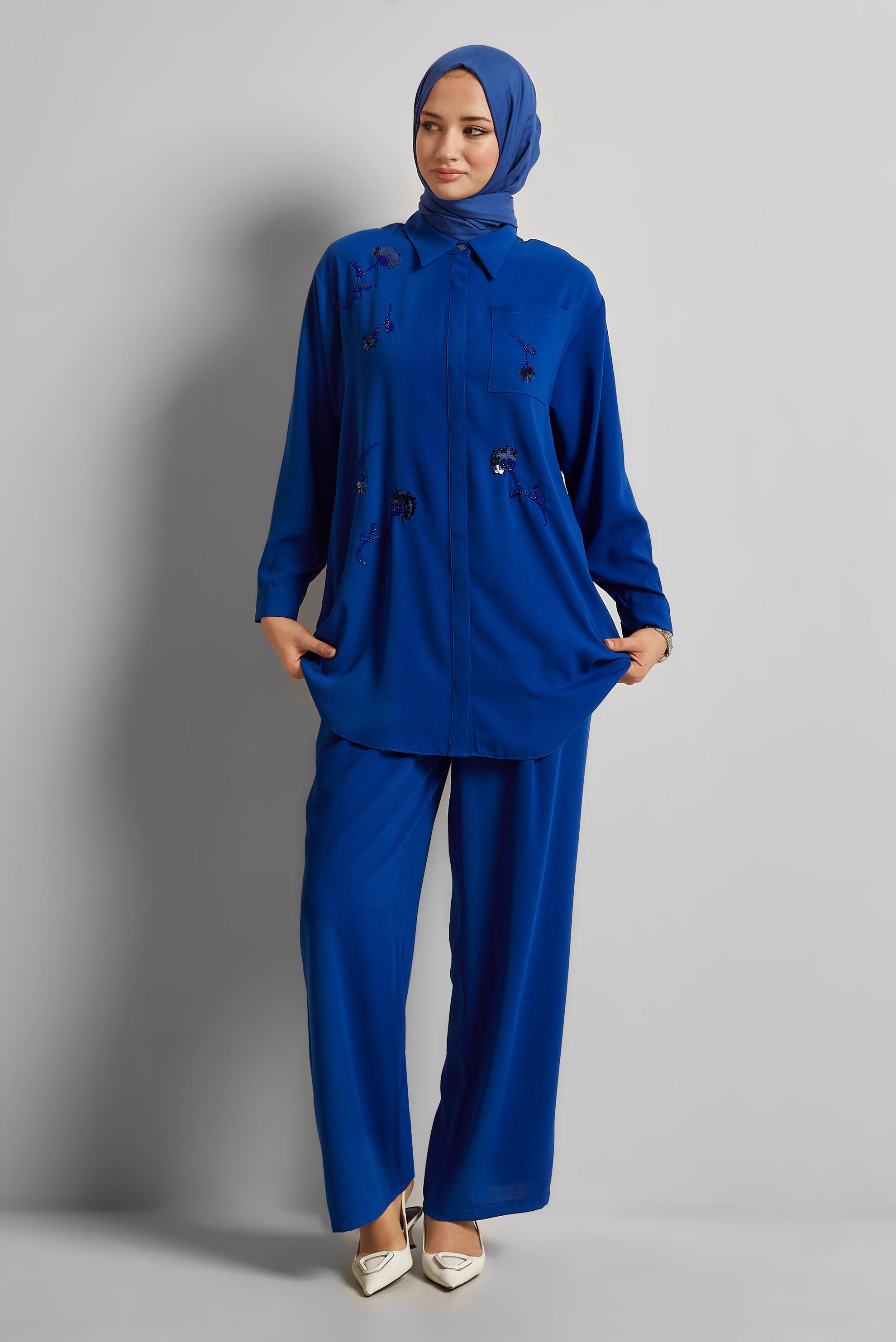 Vêtements hijab BLEU MARINE COSTUME PANTALON COL CHEMISE 45418