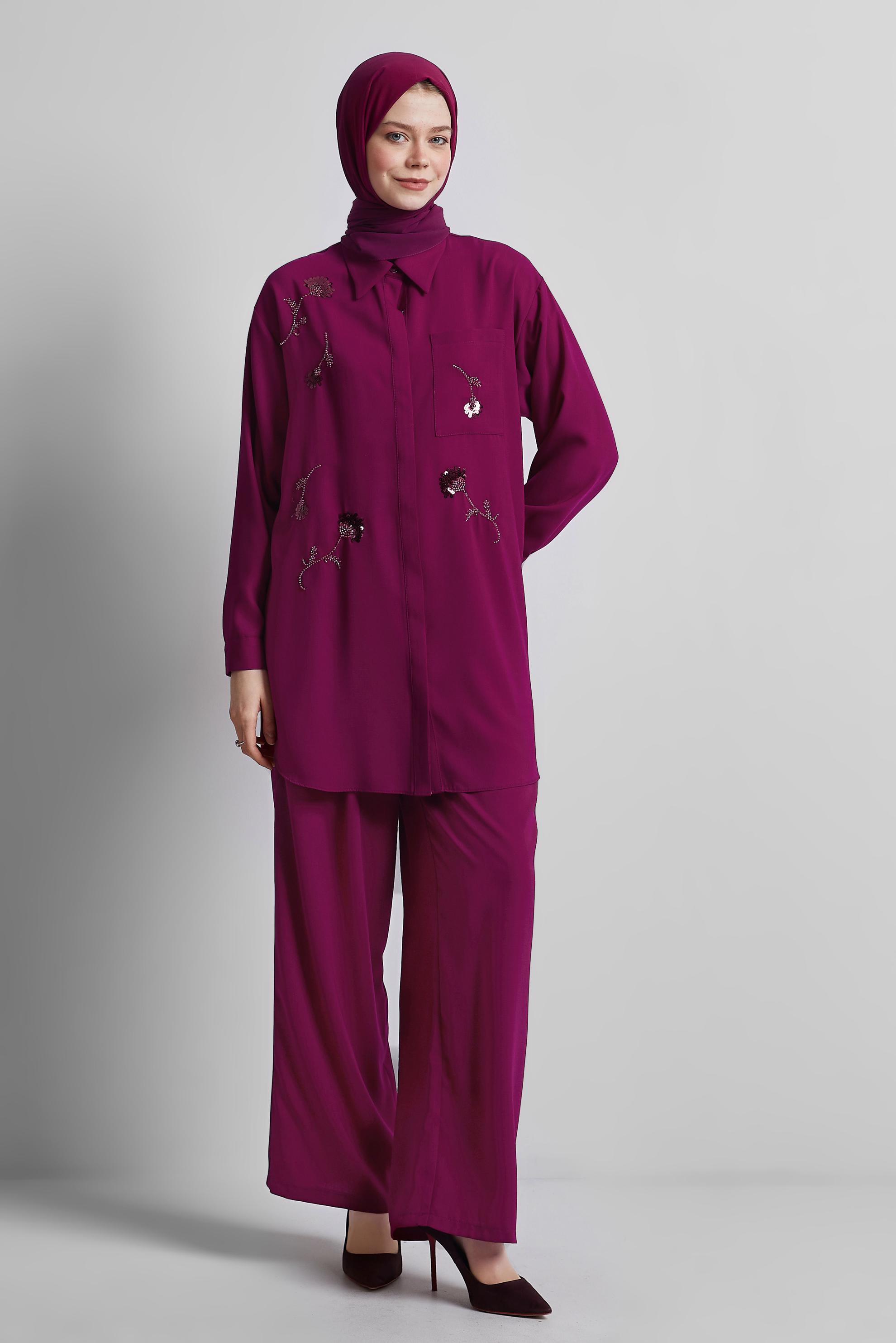 Tesettür giyim MOR GÖMLEK YAKA PANTOLONLU TAKIM 45418