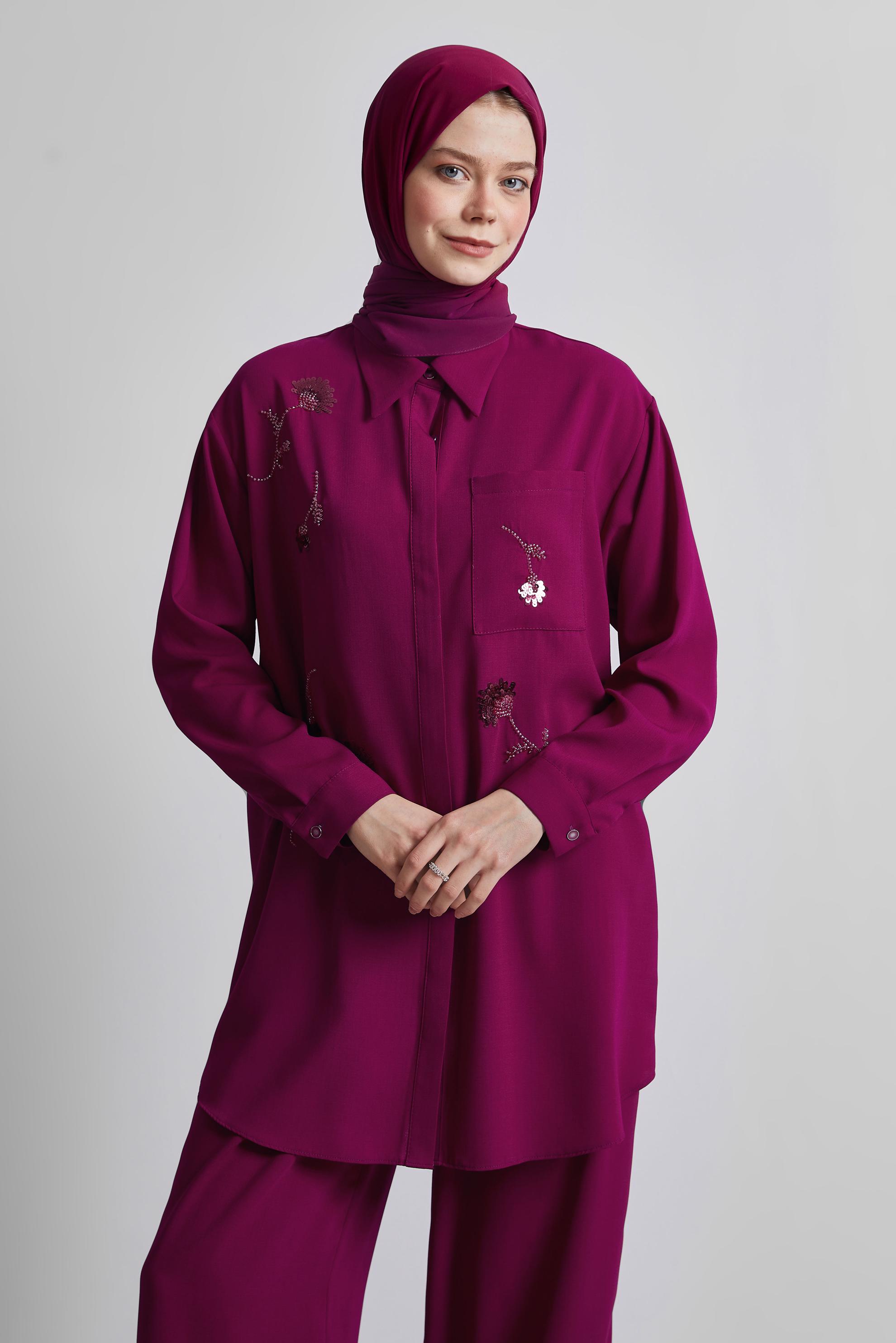 Tesettür giyim MOR GÖMLEK YAKA PANTOLONLU TAKIM 45418