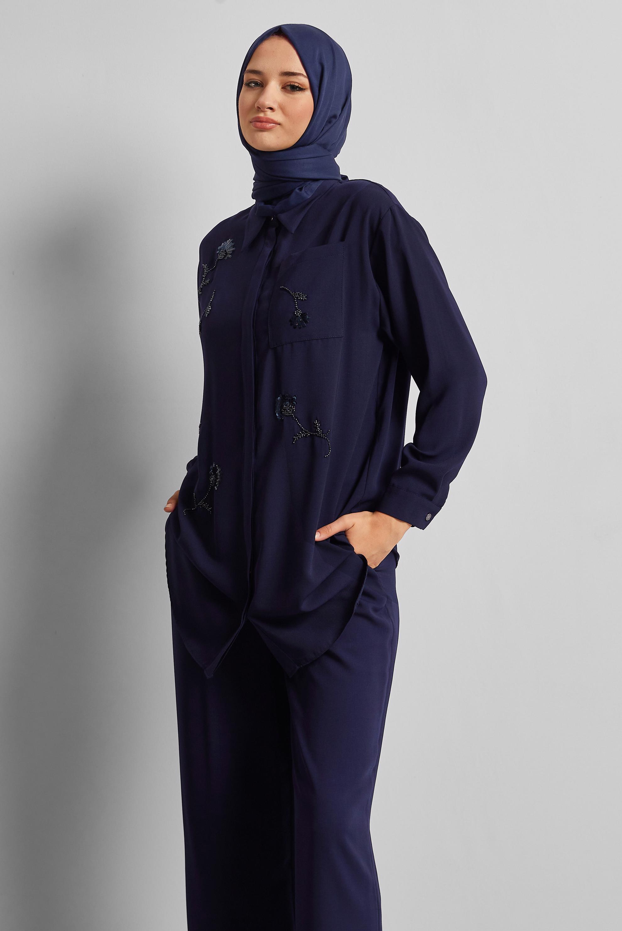 Vêtements hijab BLEU MARINE COSTUME PANTALON COL CHEMISE 45418