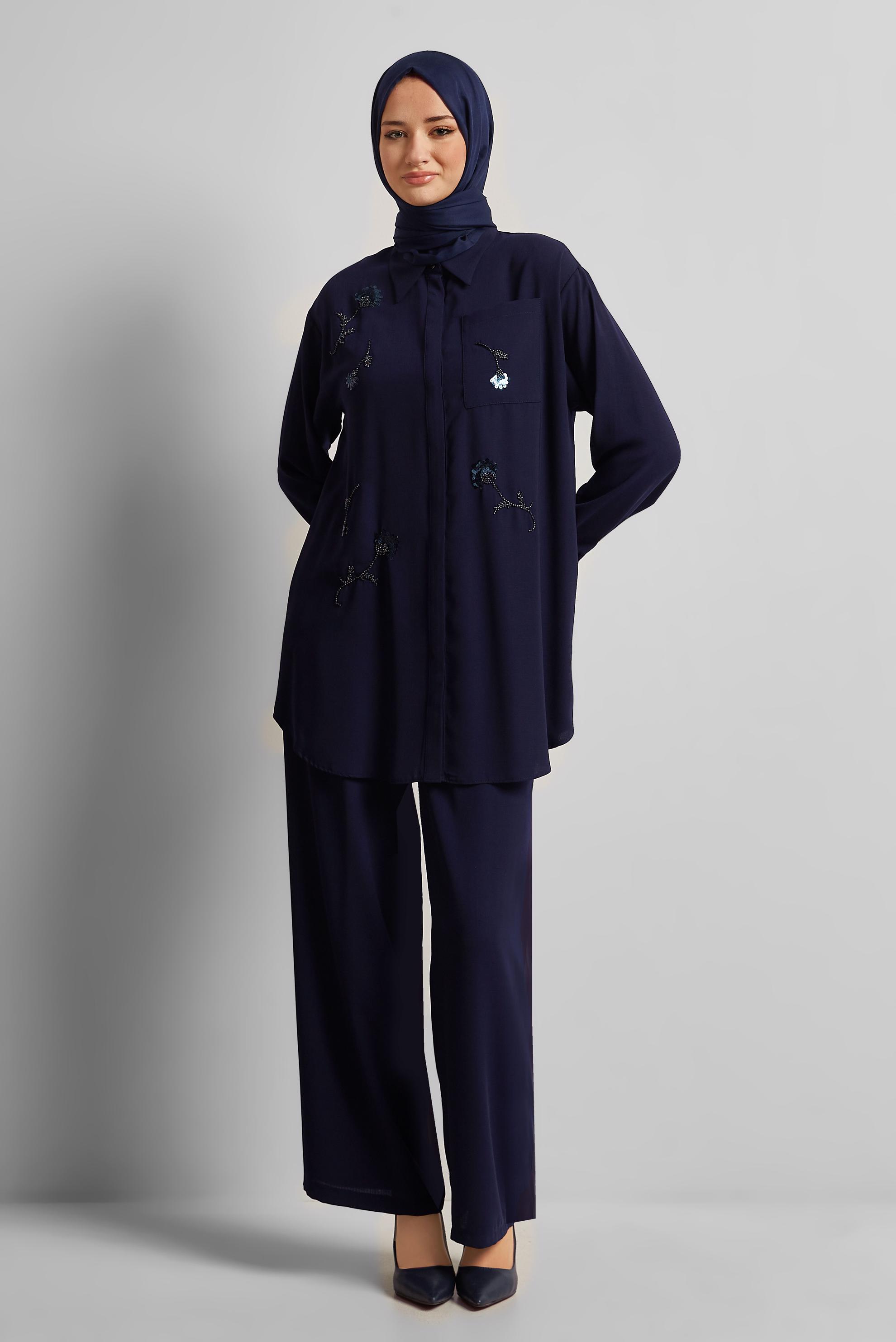 Vêtements hijab BLEU MARINE COSTUME PANTALON COL CHEMISE 45418