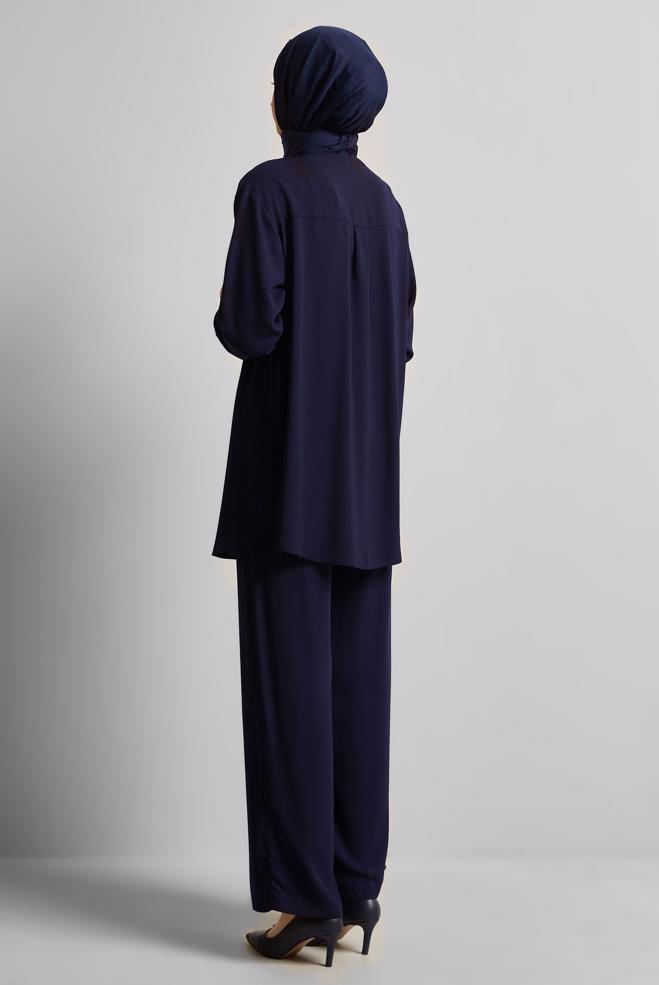 Tesettür giyim LACİVERT GÖMLEK YAKA PANTOLONLU TAKIM 45418 - ALVİNA
