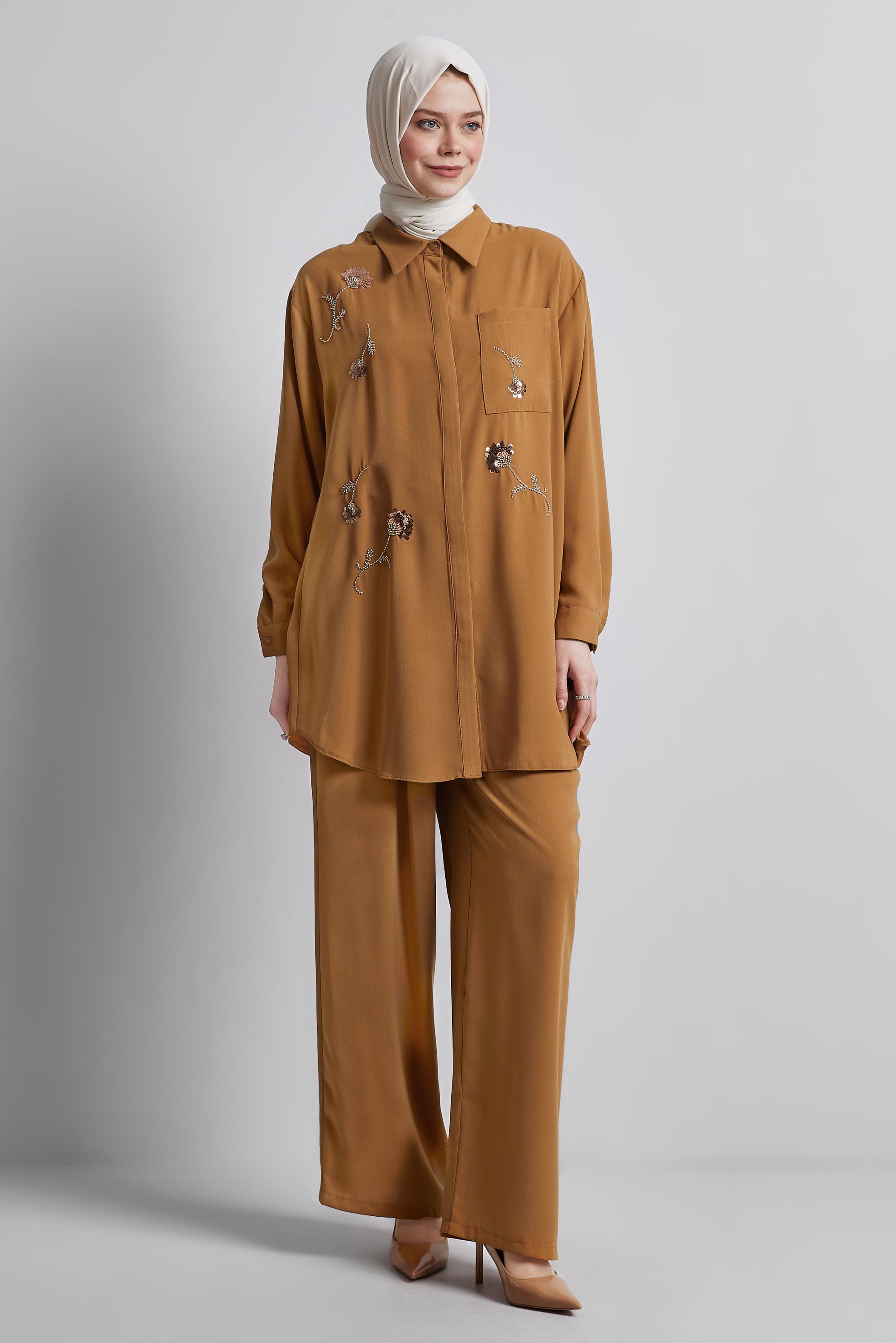 Tesettür giyim SARI GÖMLEK YAKA PANTOLONLU TAKIM 45418