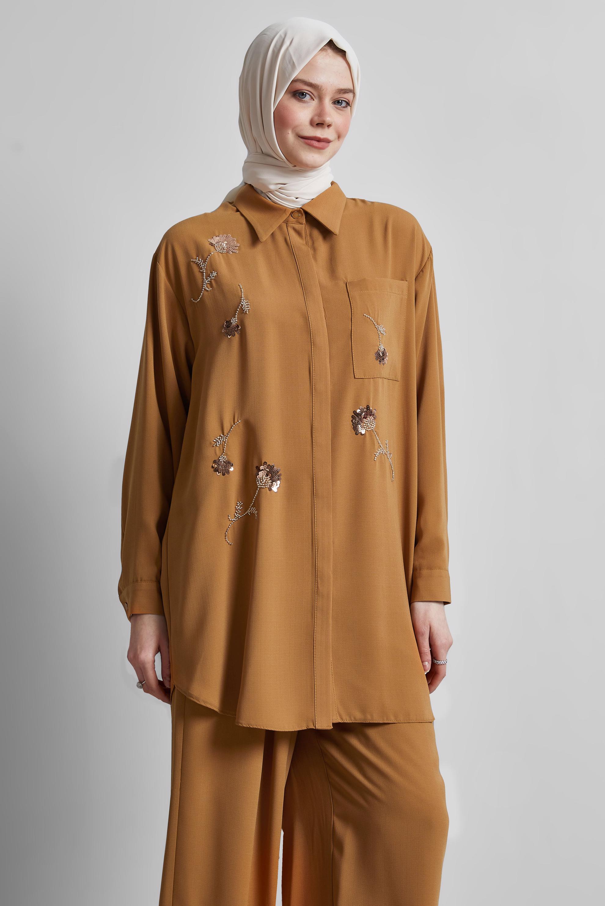 Tesettür giyim SARI GÖMLEK YAKA PANTOLONLU TAKIM 45418