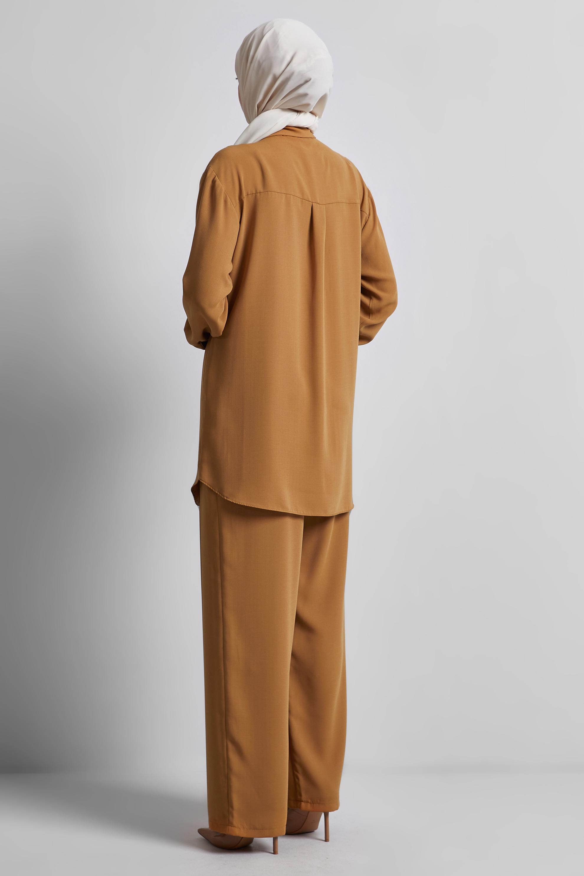 Tesettür giyim SARI GÖMLEK YAKA PANTOLONLU TAKIM 45418