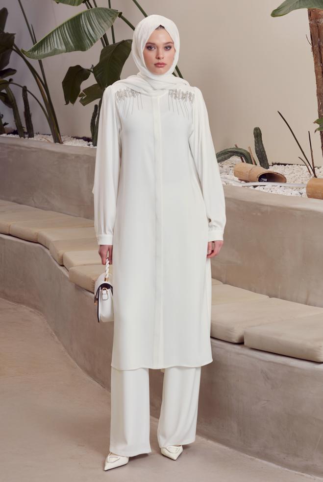Vêtements hijab BLANC COSTUME PANTALON AVEC GEMME 45455 - ALVİNA