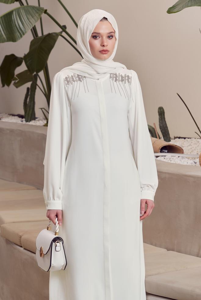 Vêtements hijab BLANC COSTUME PANTALON AVEC GEMME 45455 - ALVİNA