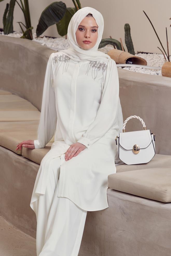 Vêtements hijab BLANC COSTUME PANTALON AVEC GEMME 45455 - ALVİNA