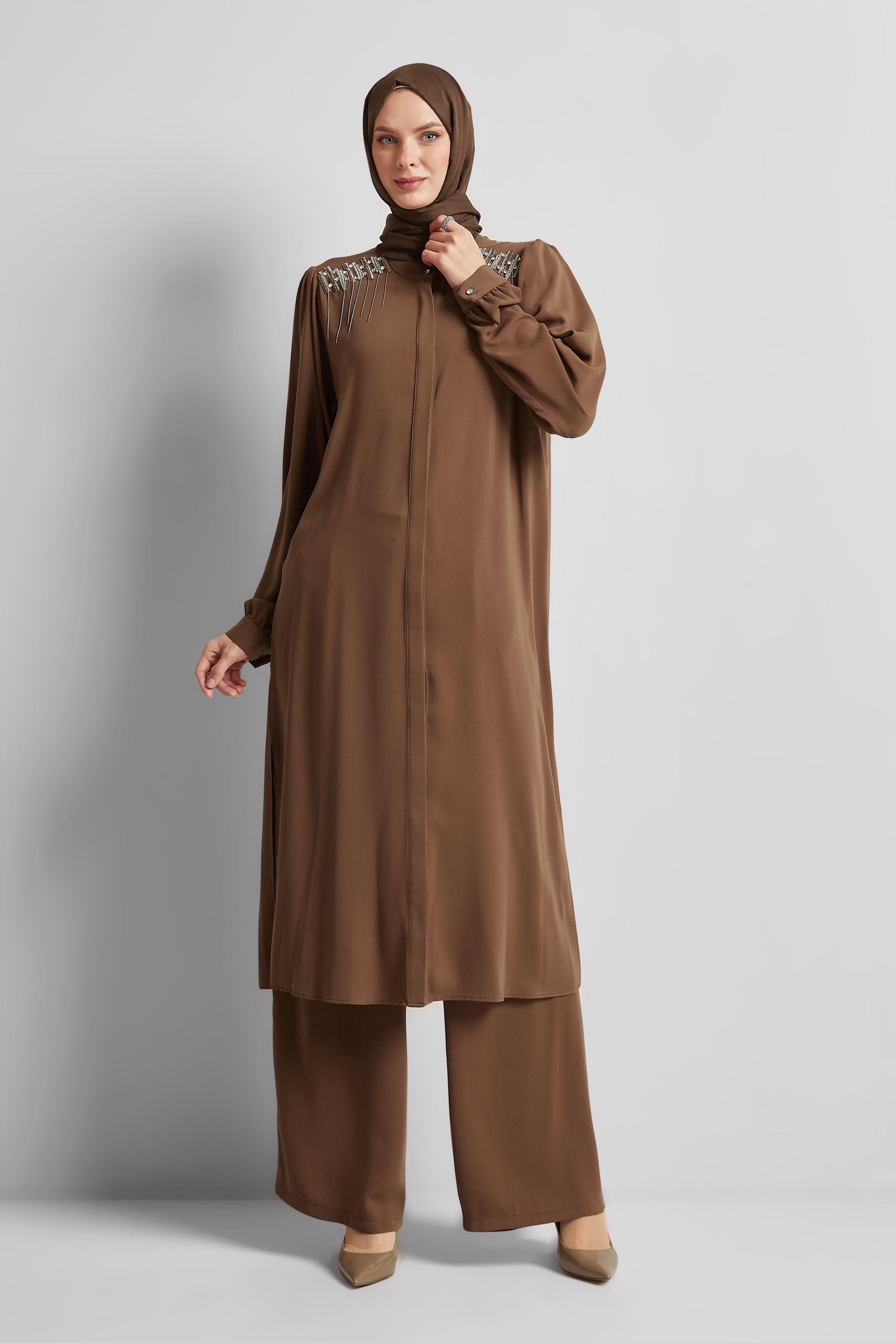 Tesettür giyim KAHVE TAŞ DETAYLI PANTOLONLU TAKIM 45455
