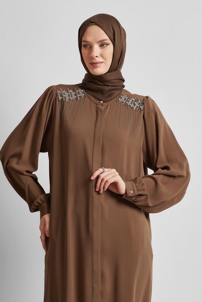 Tesettür giyim KAHVE TAŞ DETAYLI PANTOLONLU TAKIM 45455 - ALVİNA
