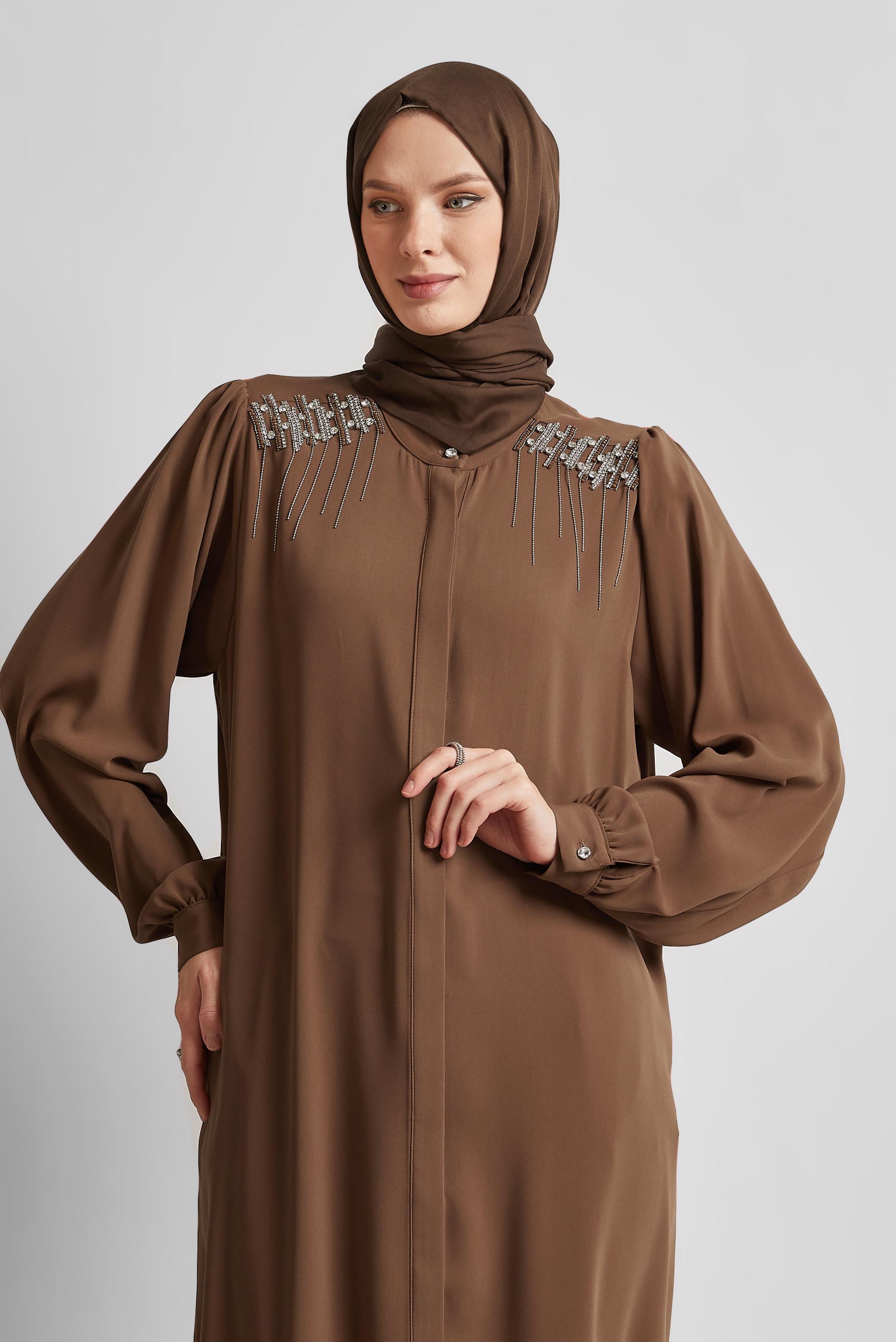 Tesettür giyim KAHVE TAŞ DETAYLI PANTOLONLU TAKIM 45455