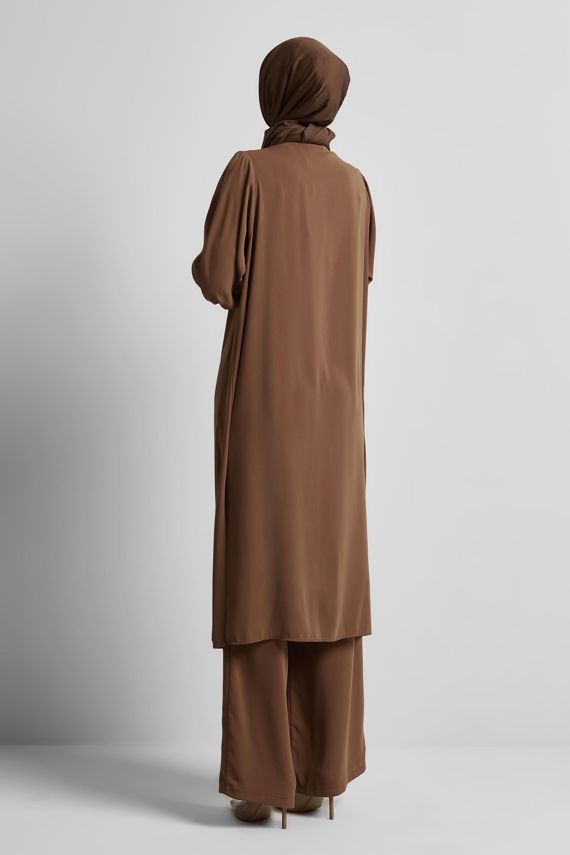 Tesettür giyim KAHVE TAŞ DETAYLI PANTOLONLU TAKIM 45455