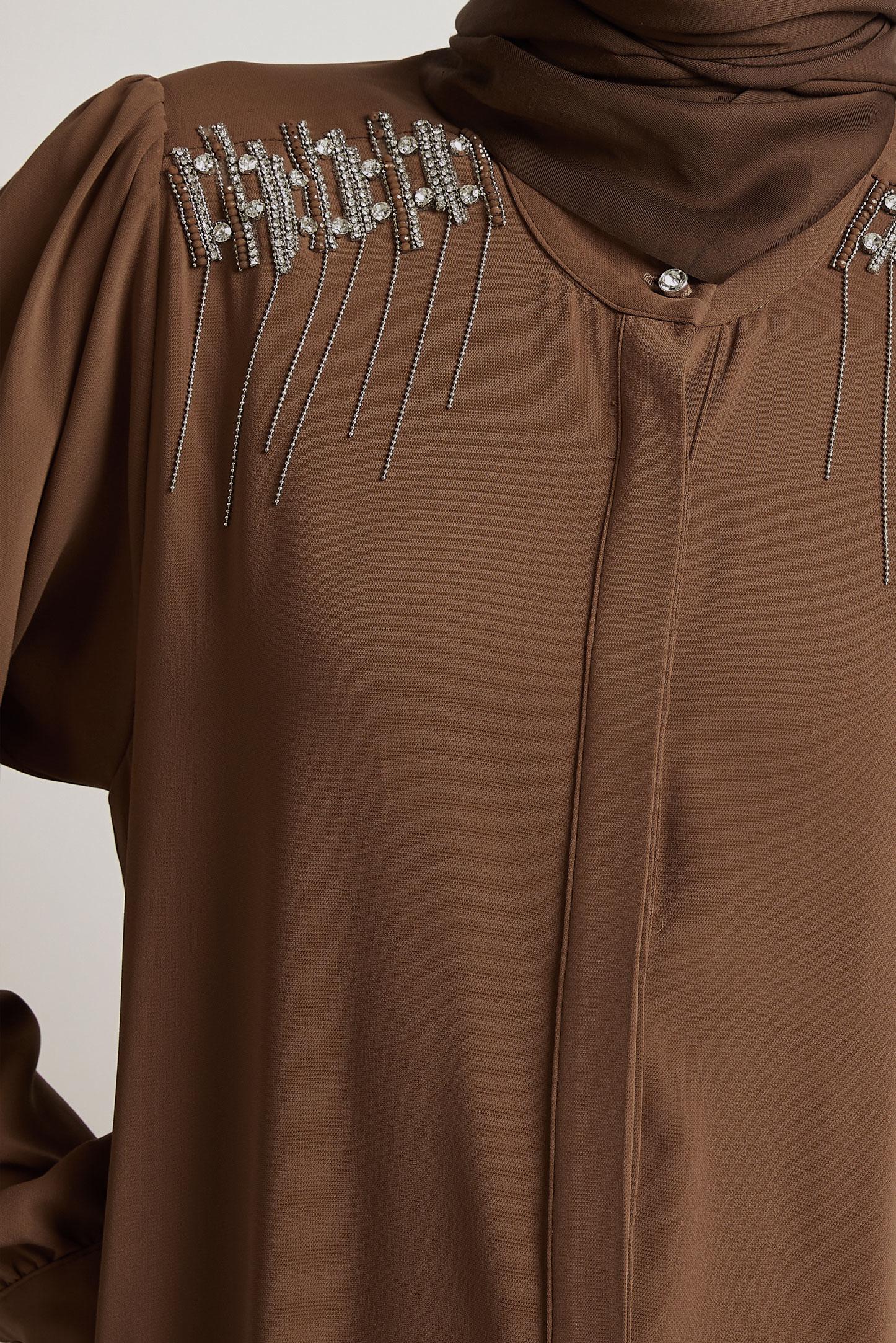 Tesettür giyim KAHVE TAŞ DETAYLI PANTOLONLU TAKIM 45455