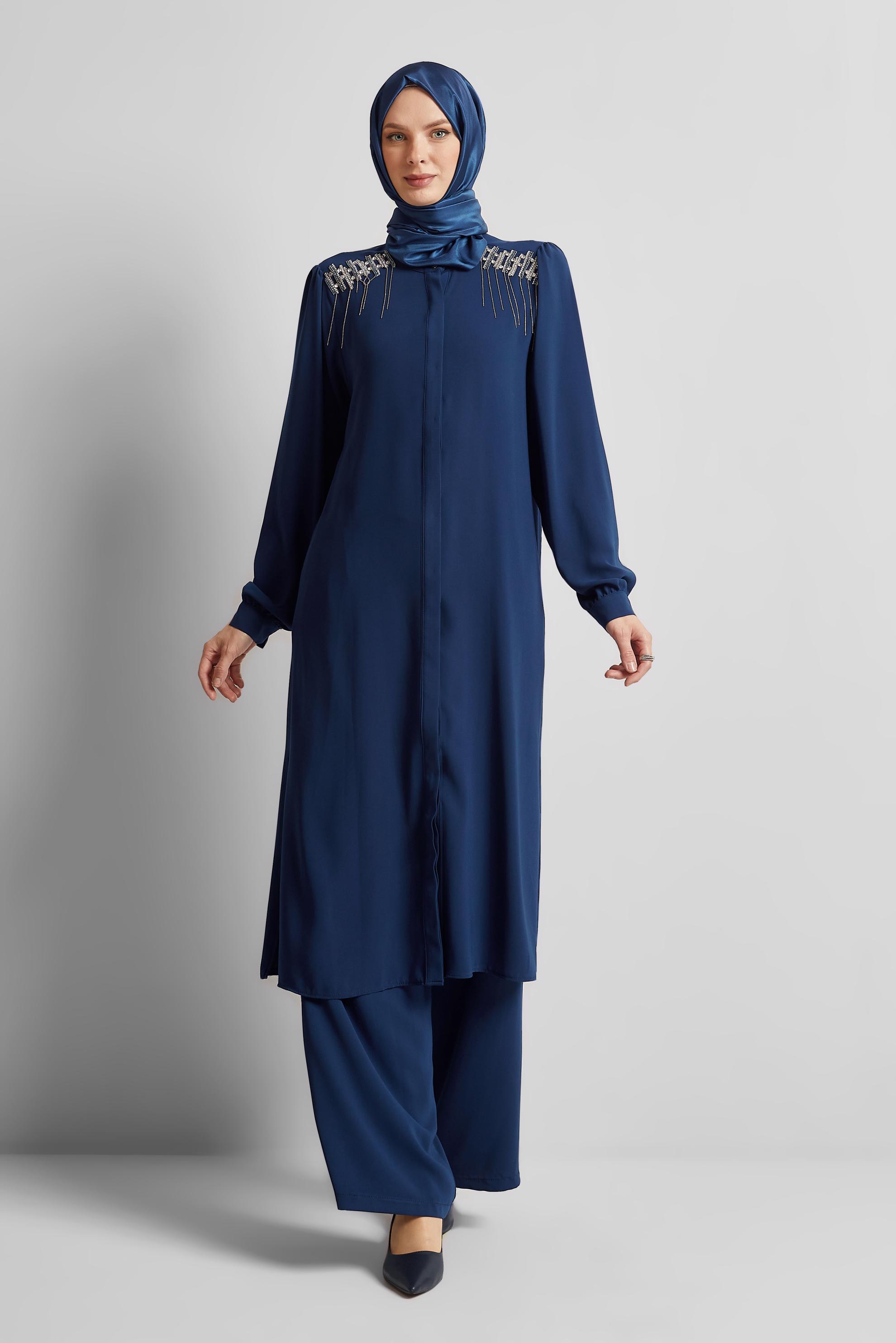 Tesettür giyim LACİVERT TAŞ DETAYLI PANTOLONLU TAKIM 45455