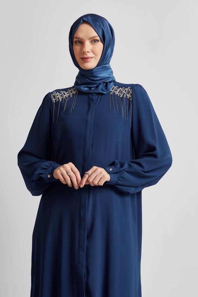 Tesettür giyim LACİVERT TAŞ DETAYLI PANTOLONLU TAKIM 45455 - ALVİNA