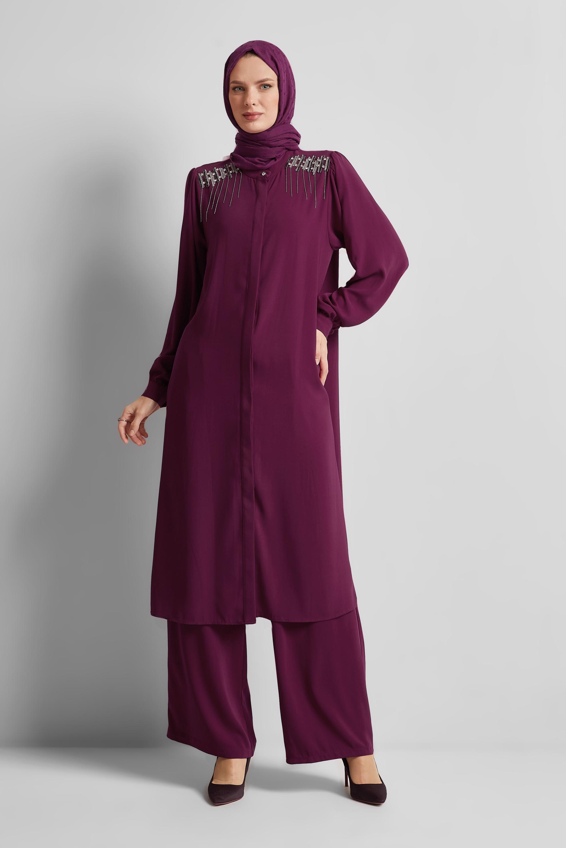Tesettür giyim MOR TAŞ DETAYLI PANTOLONLU TAKIM 45455