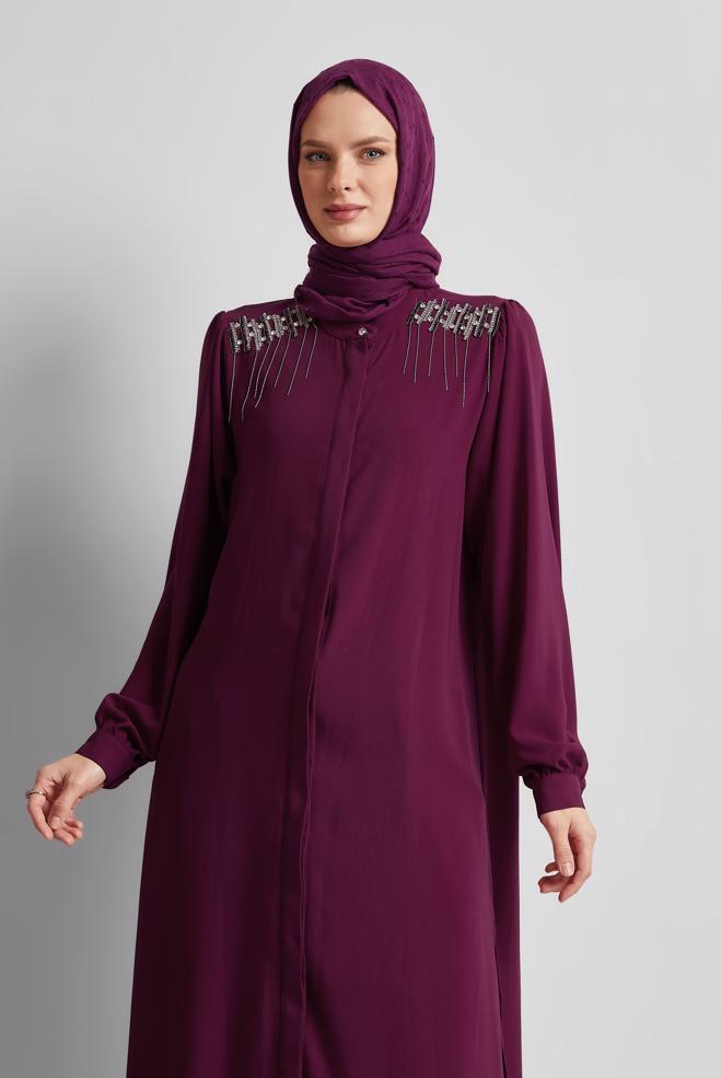 Tesettür giyim MOR TAŞ DETAYLI PANTOLONLU TAKIM 45455 - ALVİNA