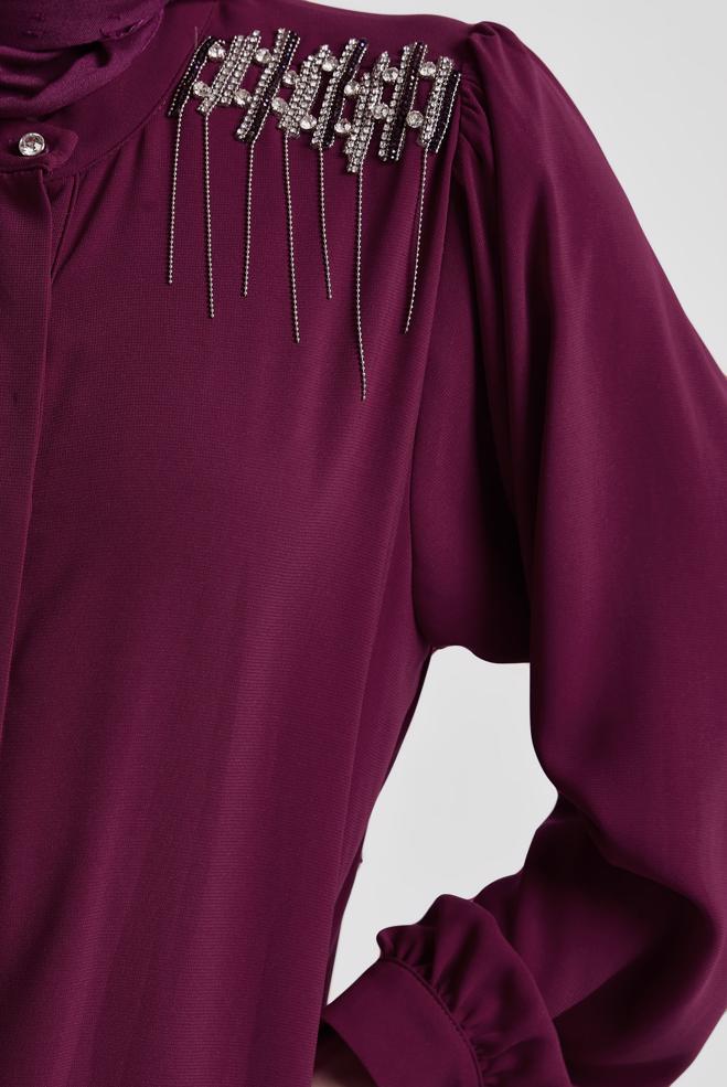 Tesettür giyim MOR TAŞ DETAYLI PANTOLONLU TAKIM 45455 - ALVİNA