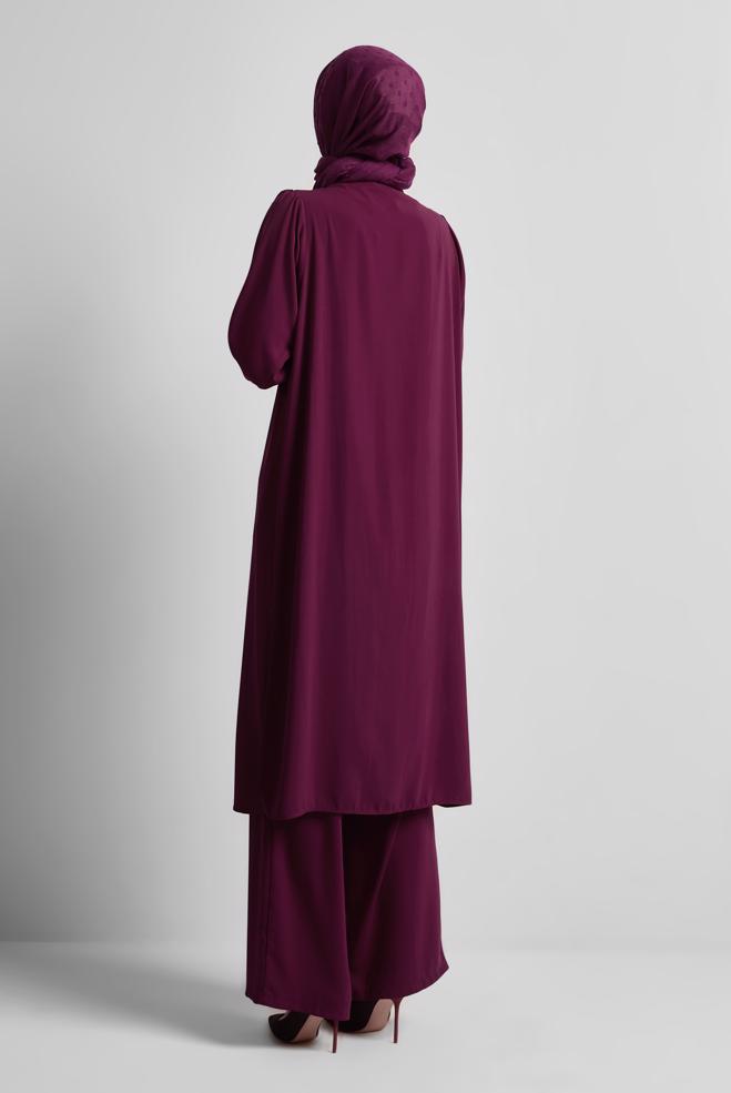 Tesettür giyim MOR TAŞ DETAYLI PANTOLONLU TAKIM 45455 - ALVİNA