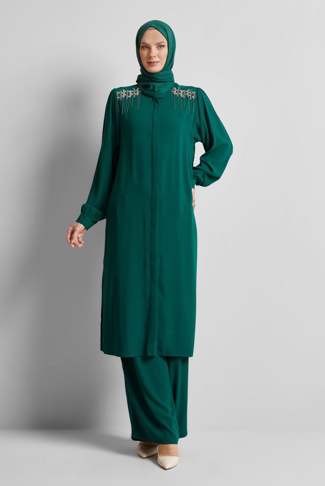 Vêtements hijab VERT COSTUME PANTALON AVEC GEMME 45455 - ALVİNA