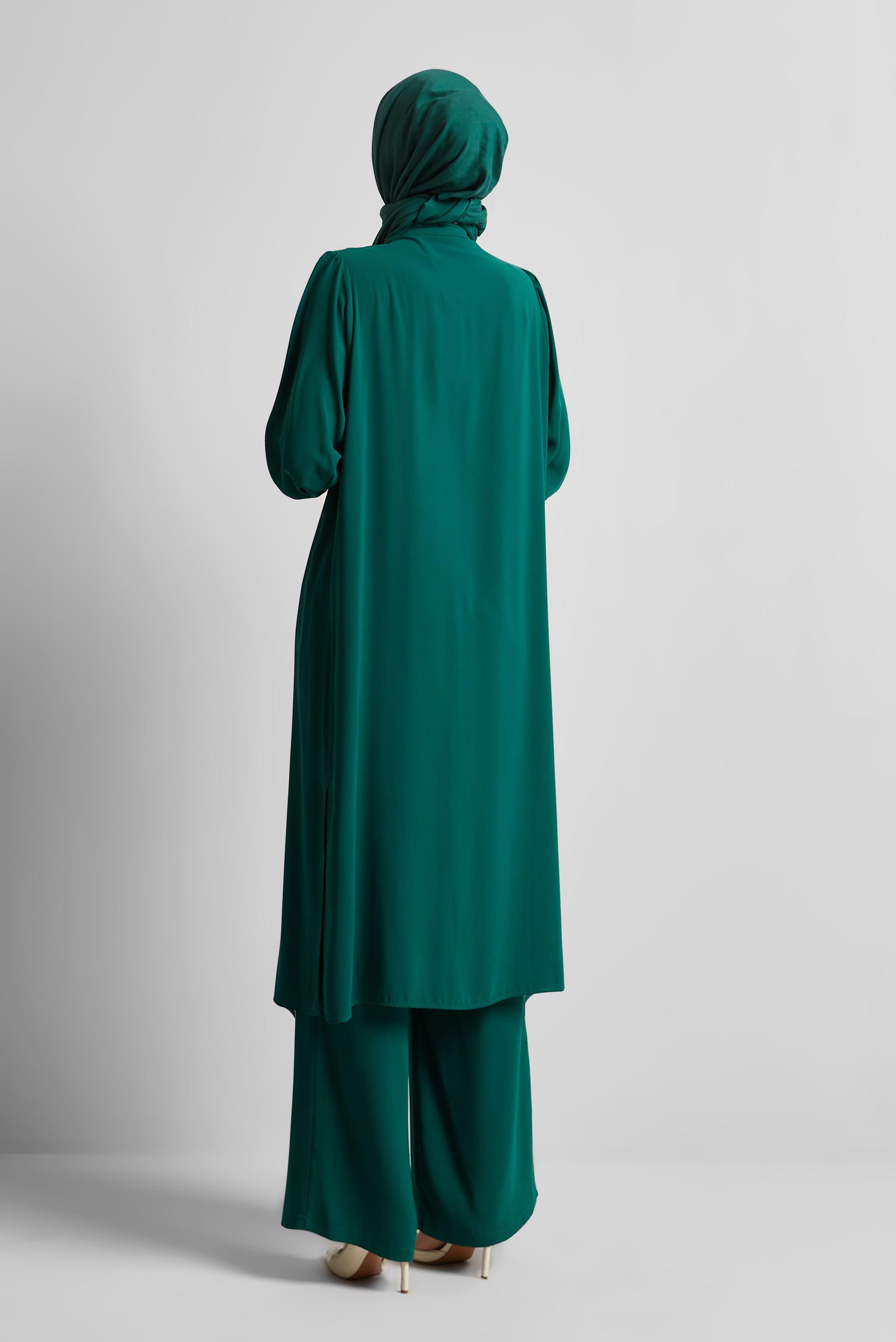 Tesettür giyim YEŞİL TAŞ DETAYLI PANTOLONLU TAKIM 45455