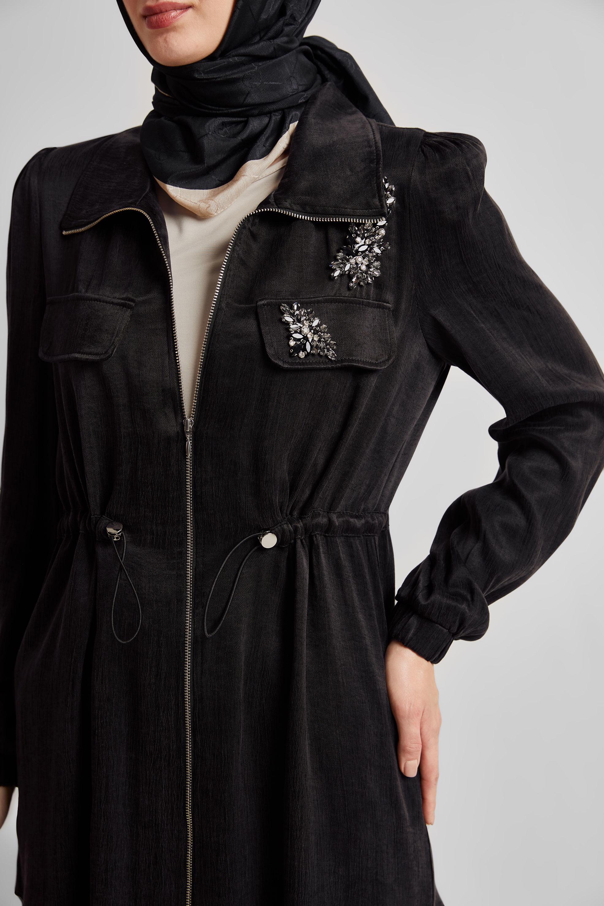 Tesettür giyim SİYAH BELDEN BÜZGÜLÜ PANTOLONLU TAKIM 45482