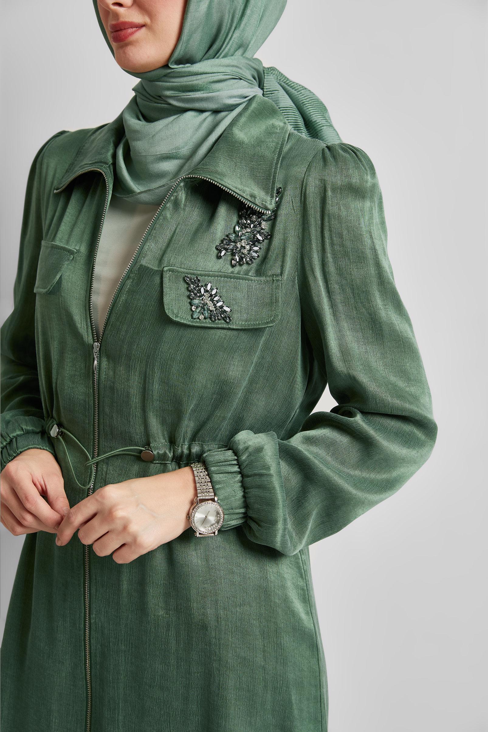 Tesettür giyim YEŞİL BELDEN BÜZGÜLÜ PANTOLONLU TAKIM 45482