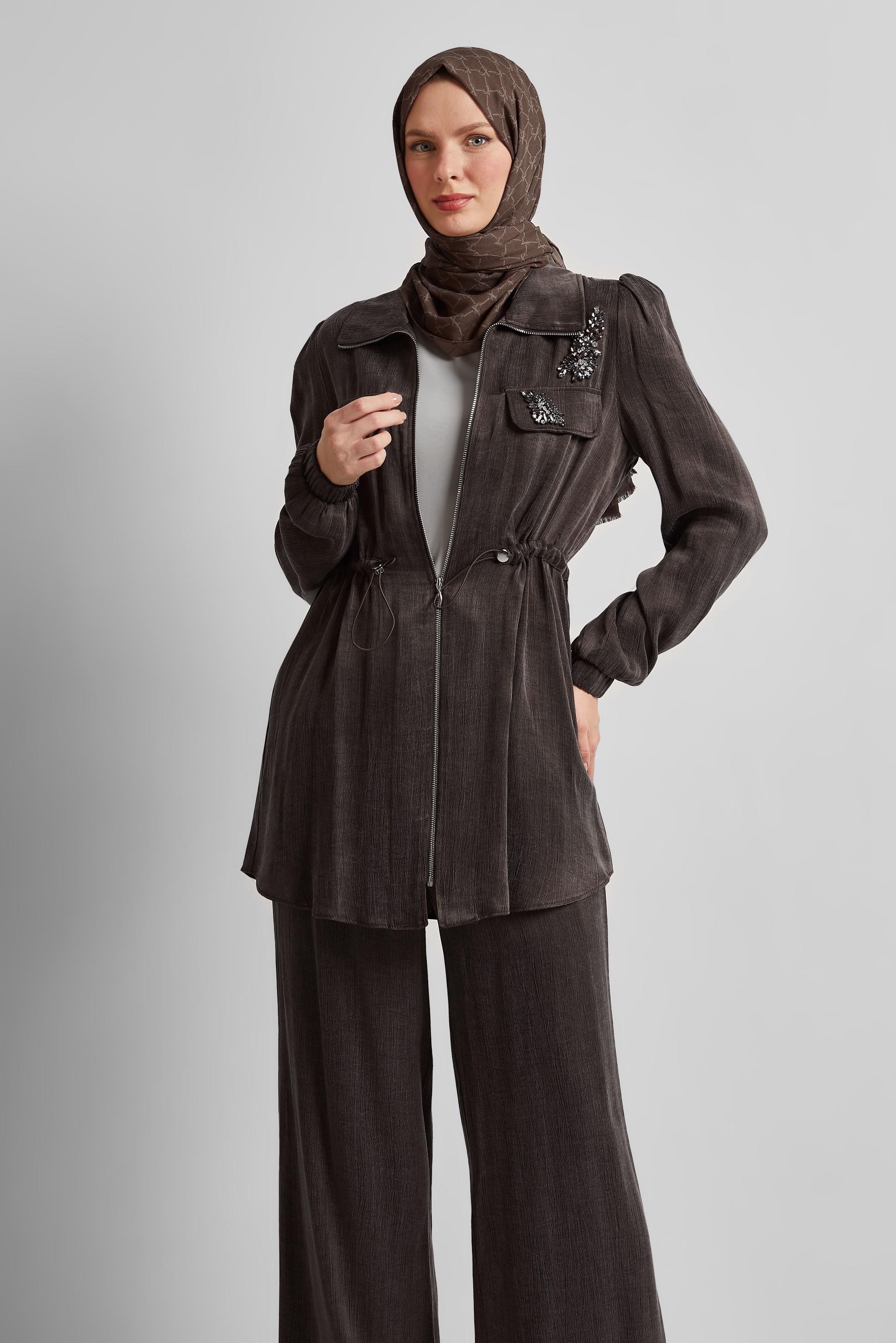 Tesettür giyim KAHVE BELDEN BÜZGÜLÜ PANTOLONLU TAKIM 45482