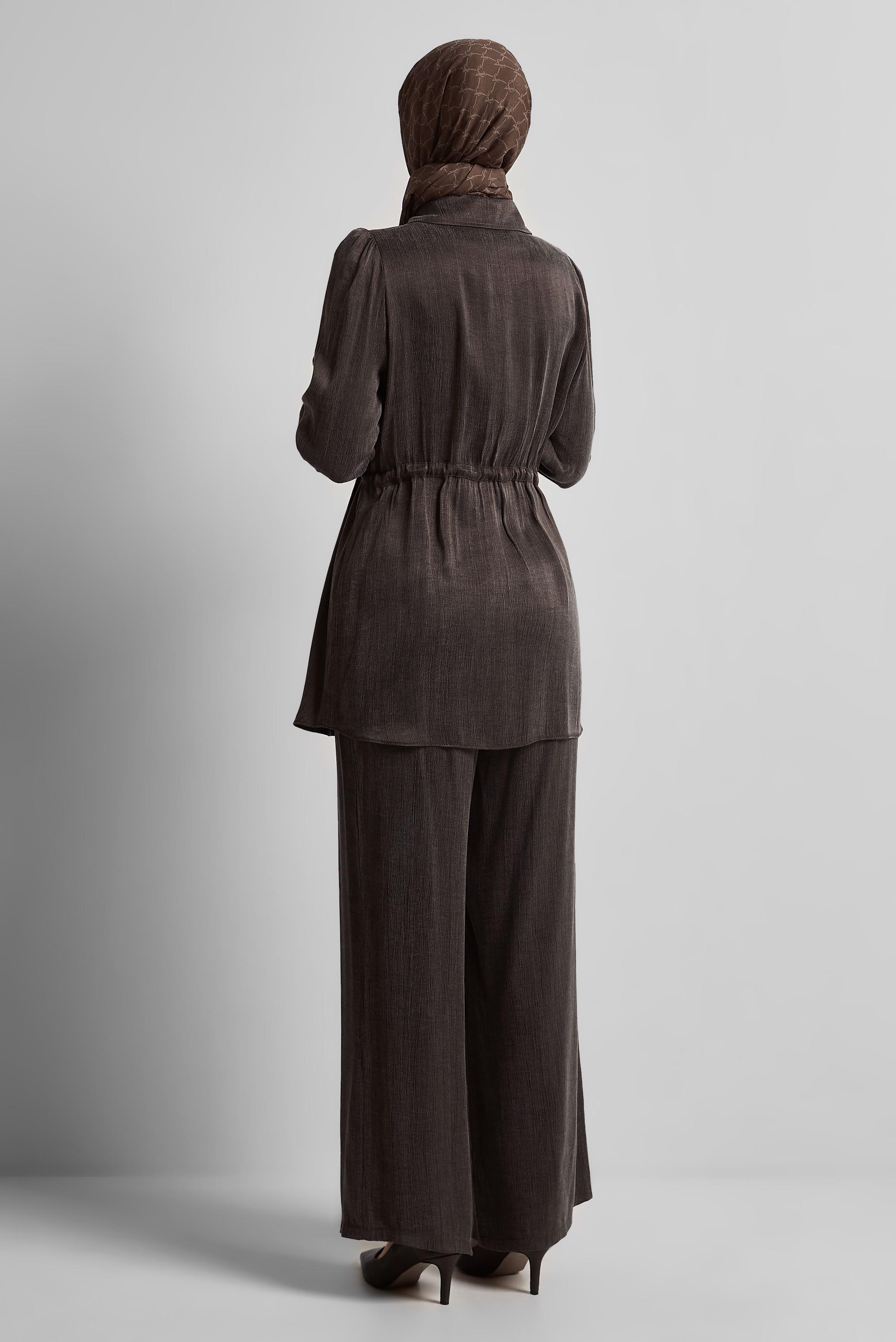 Tesettür giyim KAHVE BELDEN BÜZGÜLÜ PANTOLONLU TAKIM 45482