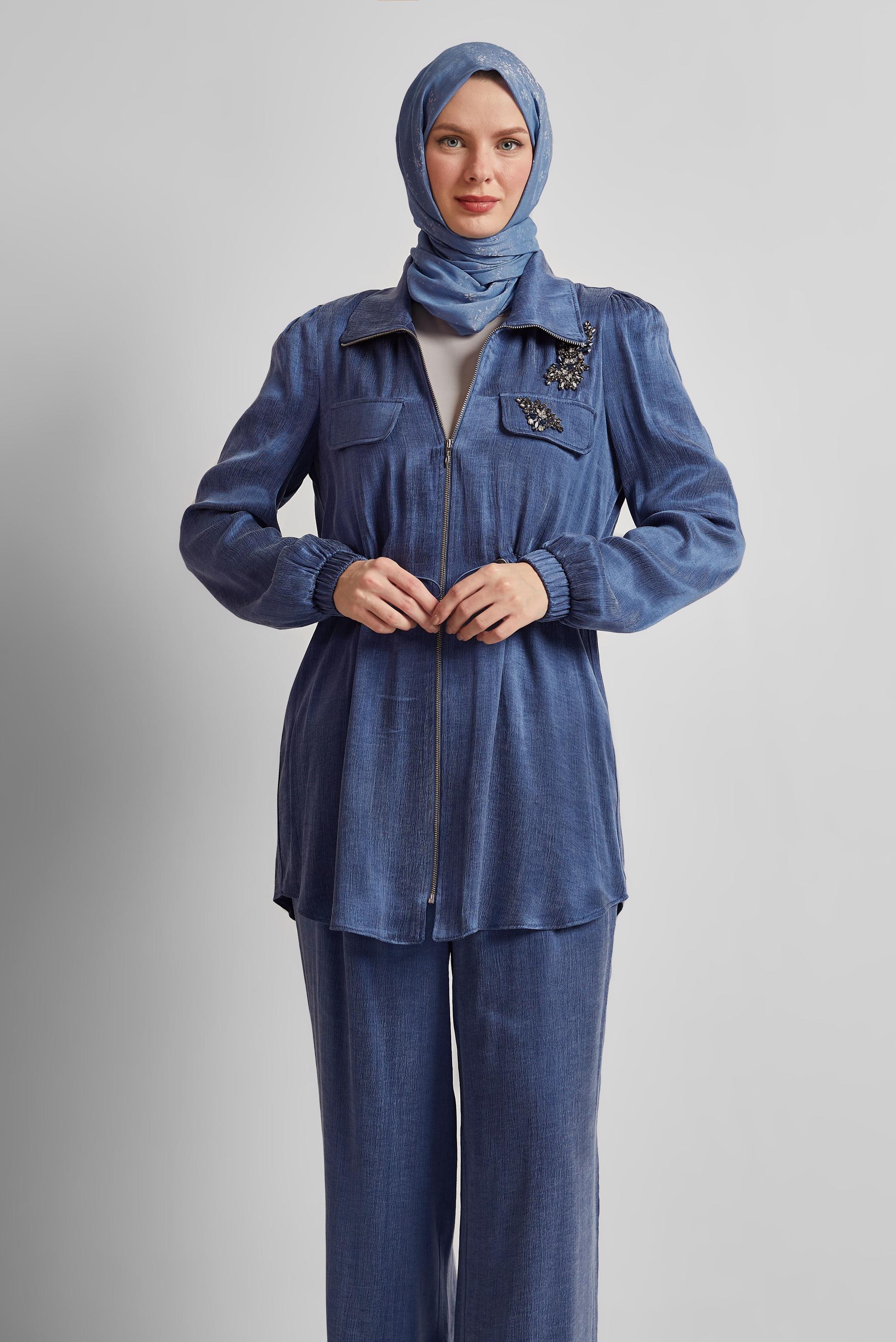 Tesettür giyim LACİVERT BELDEN BÜZGÜLÜ PANTOLONLU TAKIM 45482