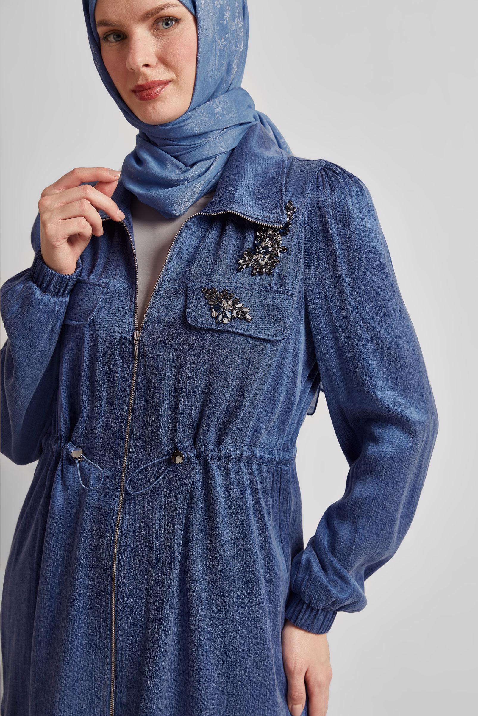 Tesettür giyim LACİVERT BELDEN BÜZGÜLÜ PANTOLONLU TAKIM 45482