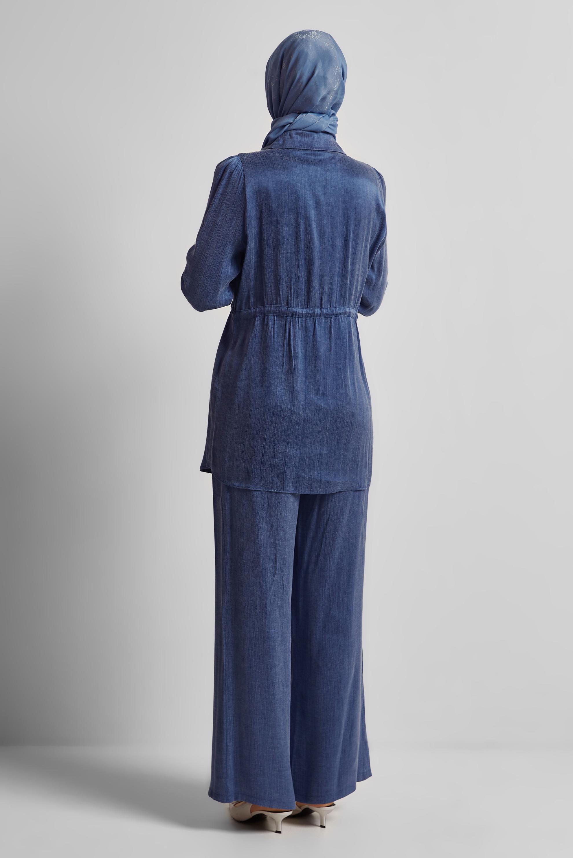 Tesettür giyim LACİVERT BELDEN BÜZGÜLÜ PANTOLONLU TAKIM 45482