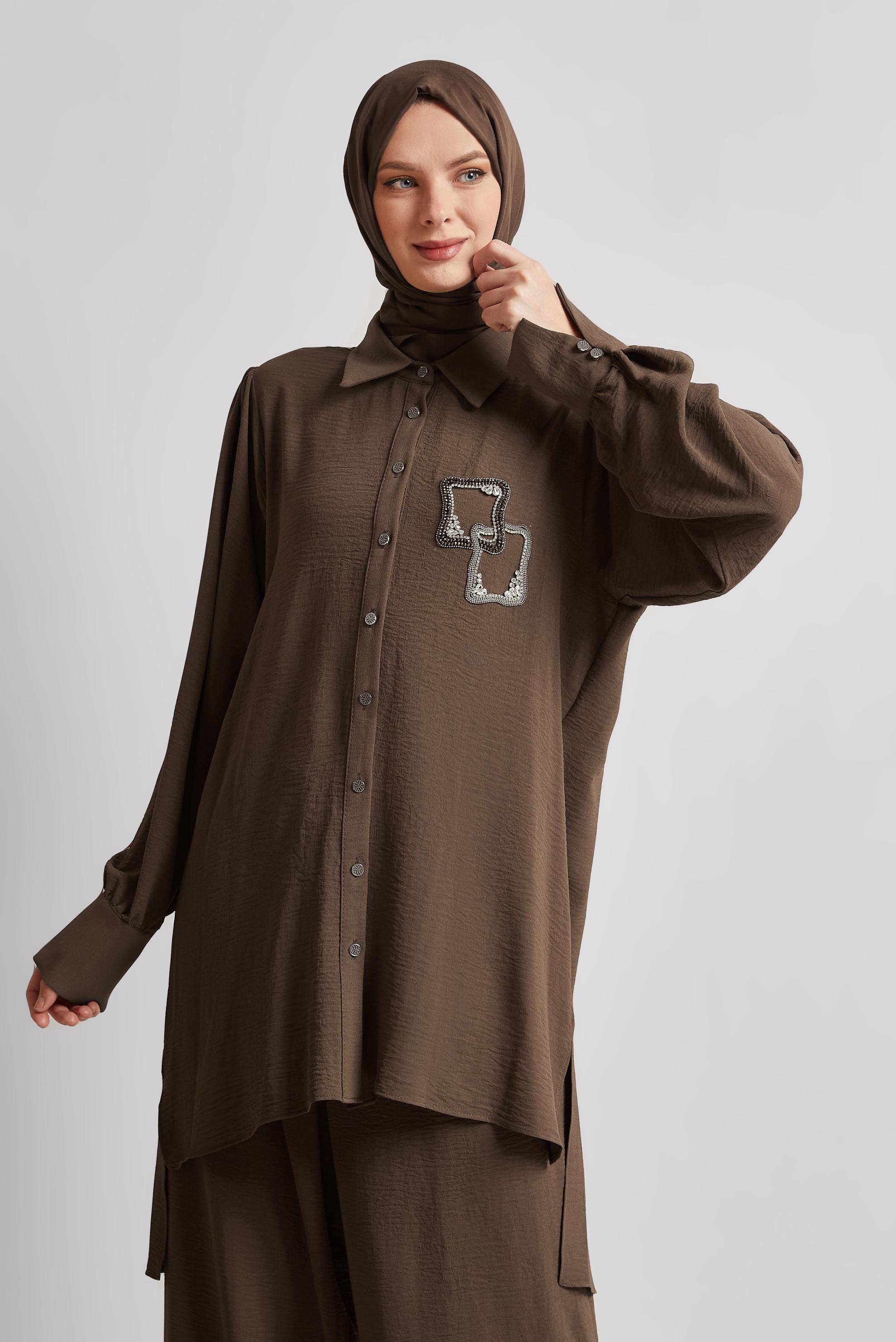 Tesettür giyim KAHVE TAŞ BASKILI PANTOLONLU TAKIM 45485