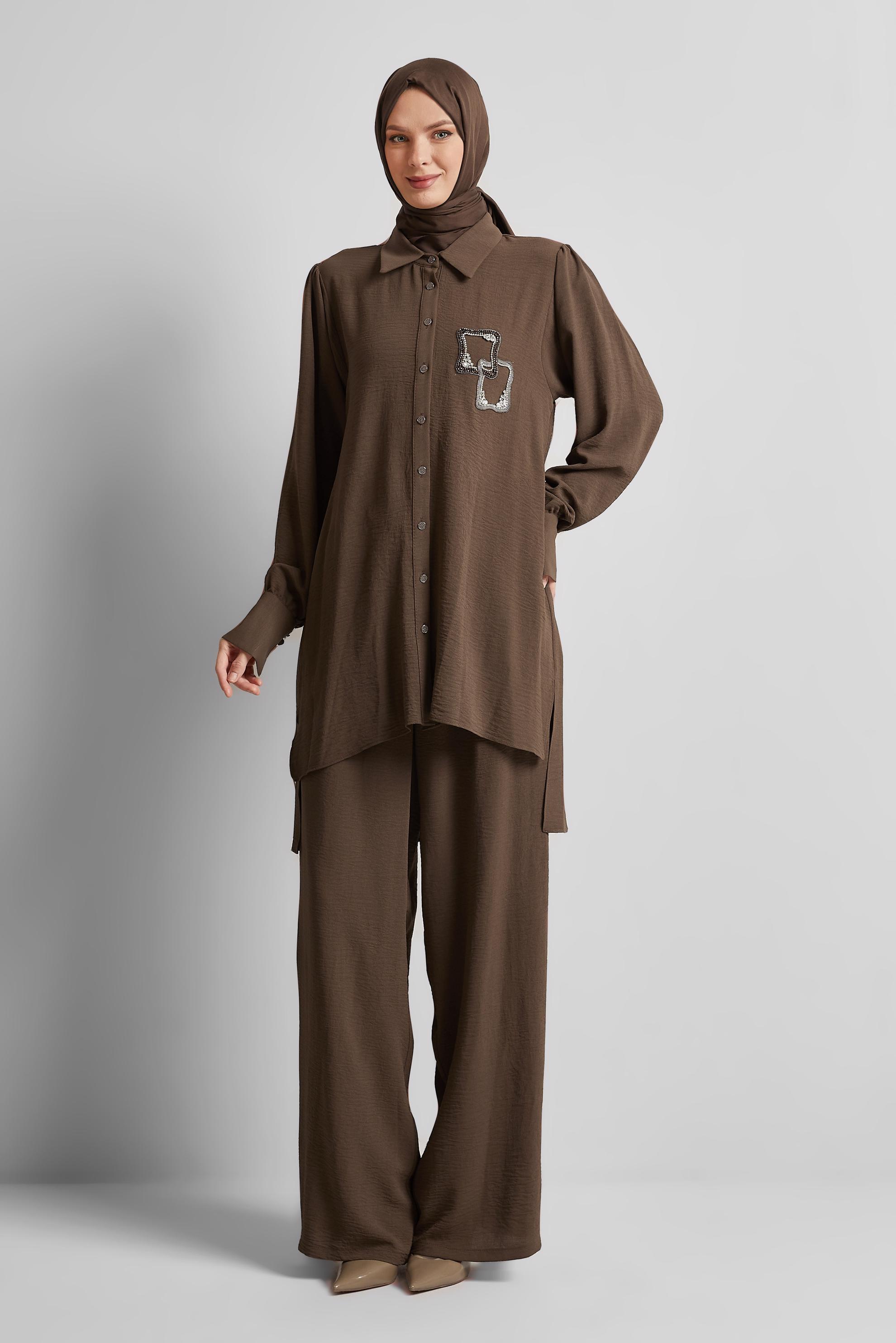 Tesettür giyim KAHVE TAŞ BASKILI PANTOLONLU TAKIM 45485