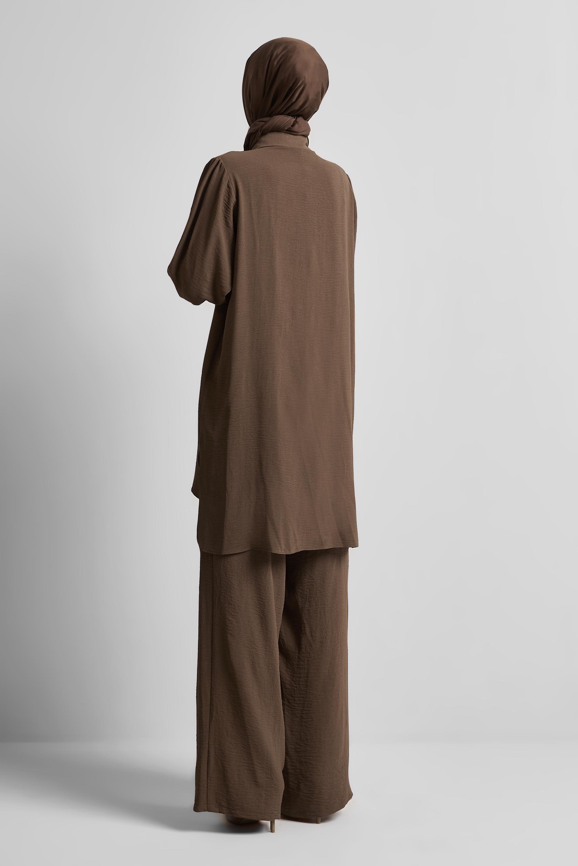 Tesettür giyim KAHVE TAŞ BASKILI PANTOLONLU TAKIM 45485