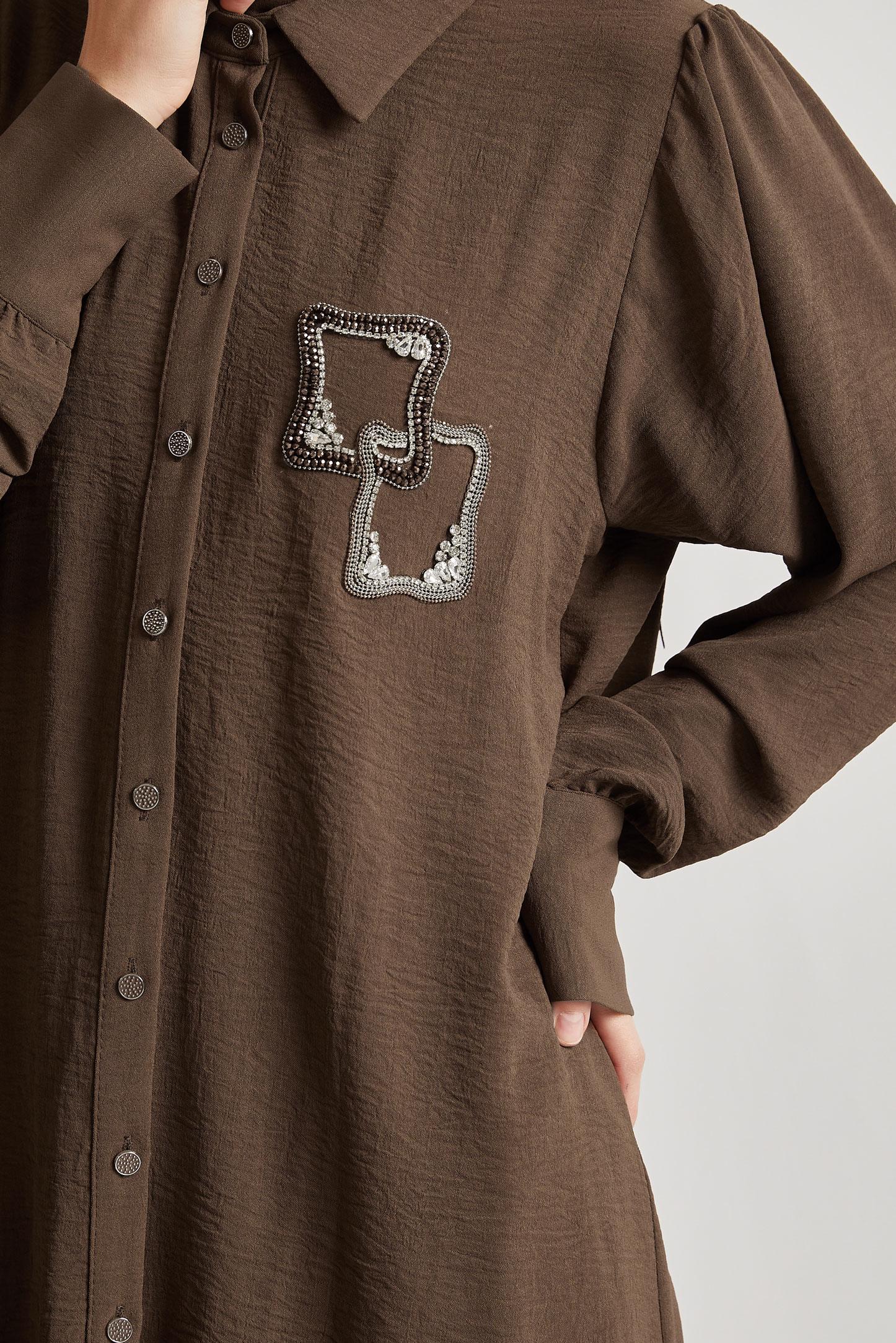 Tesettür giyim KAHVE TAŞ BASKILI PANTOLONLU TAKIM 45485