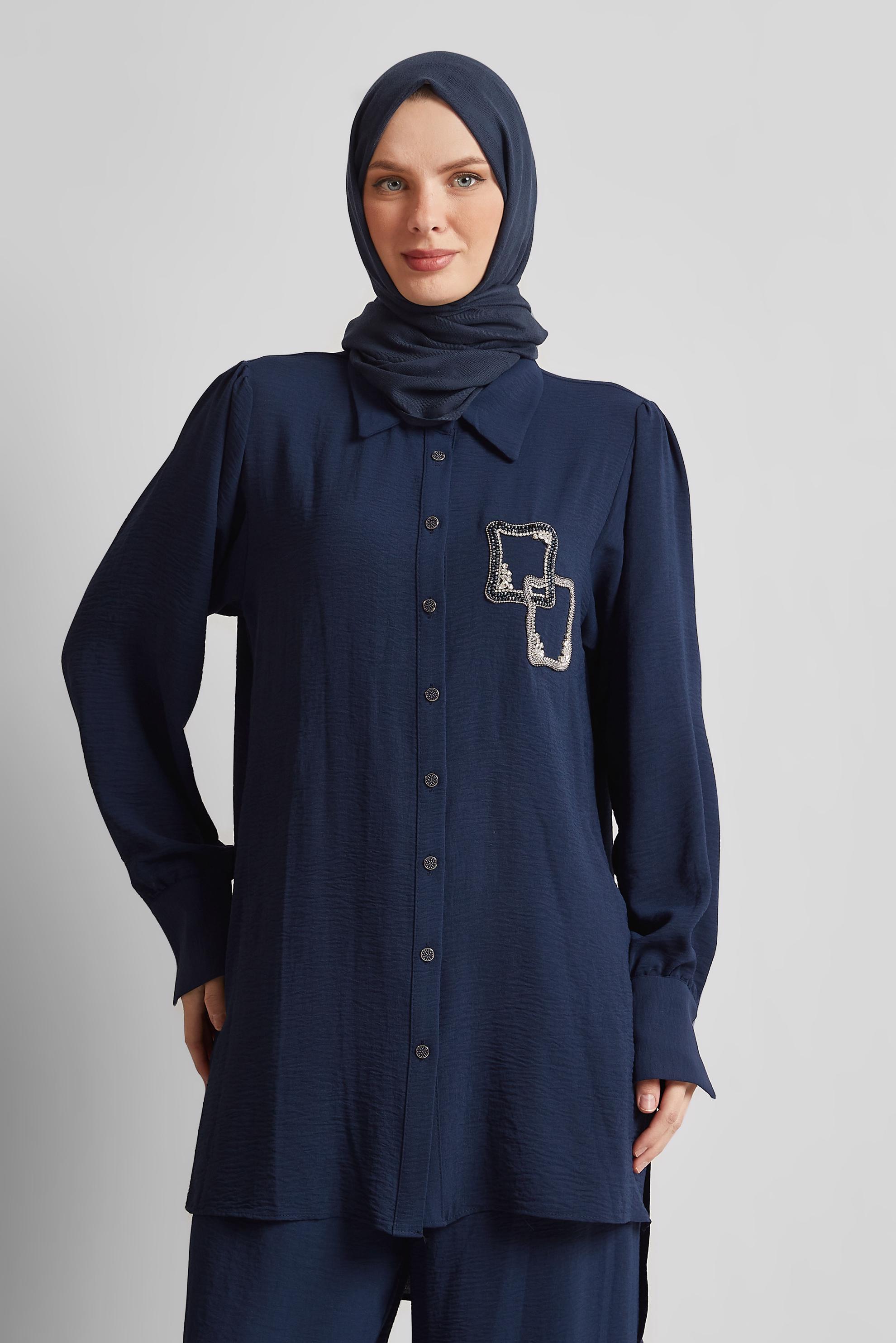 Tesettür giyim LACİVERT TAŞ BASKILI PANTOLONLU TAKIM 45485
