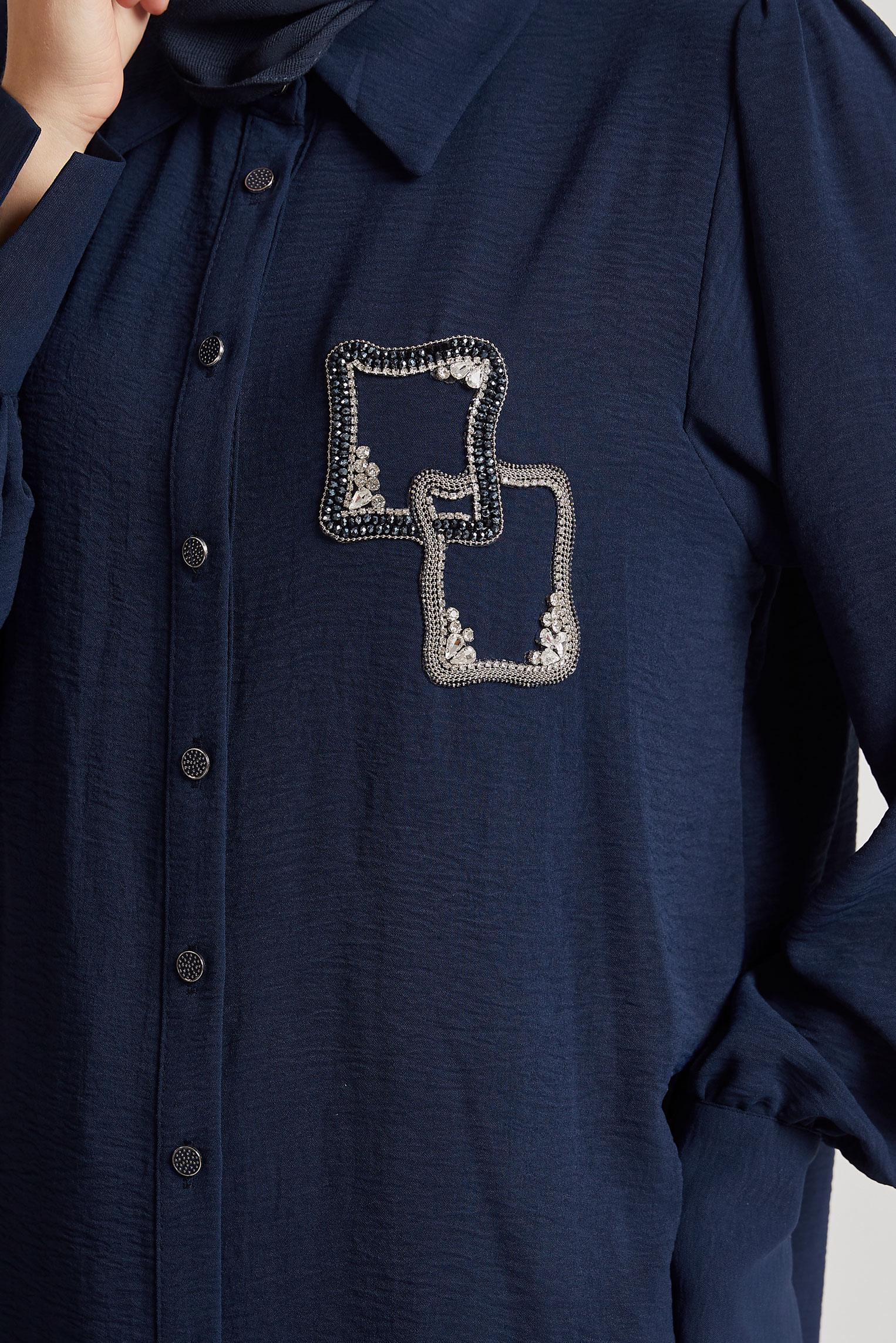 Tesettür giyim LACİVERT TAŞ BASKILI PANTOLONLU TAKIM 45485