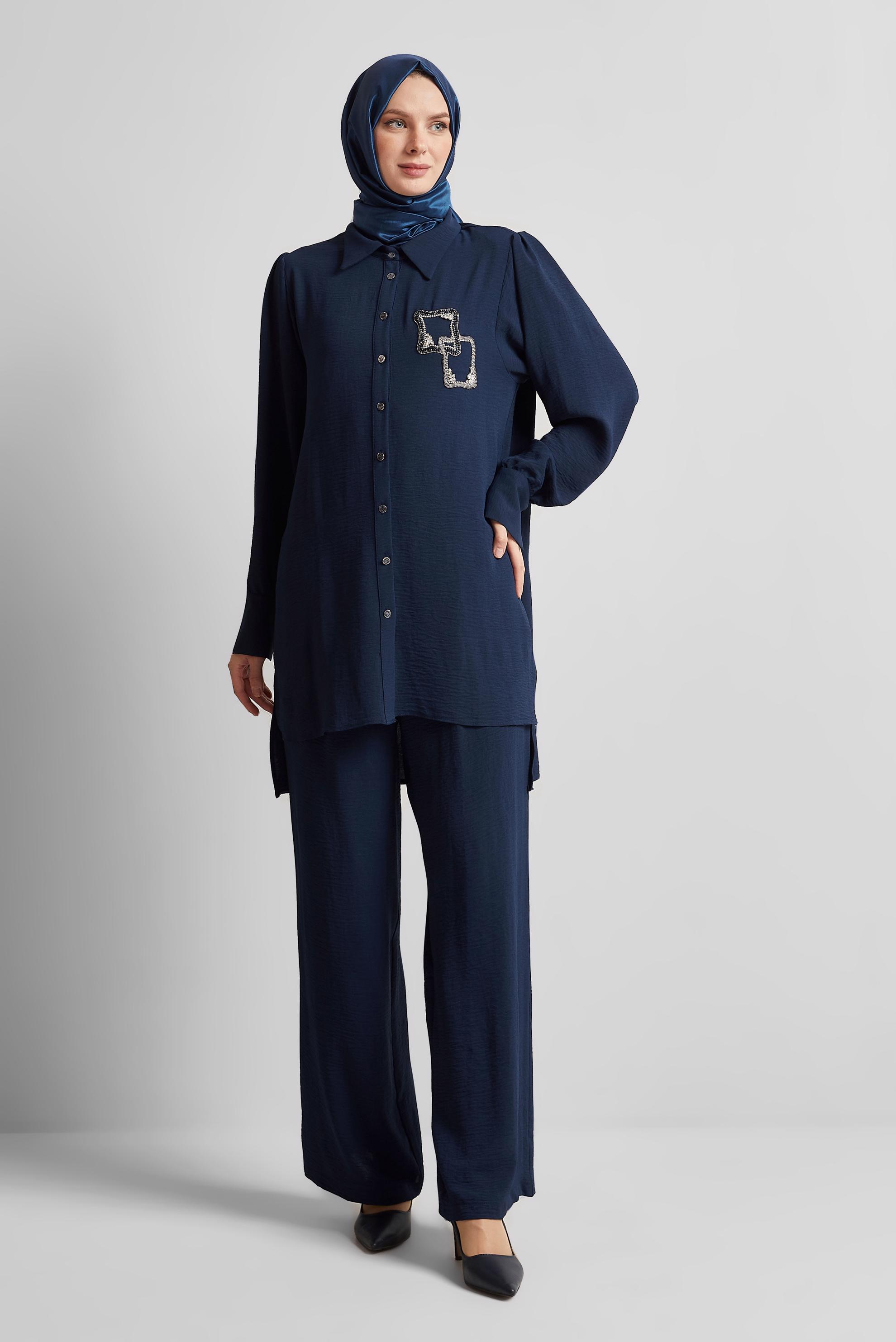 Tesettür giyim LACİVERT TAŞ BASKILI PANTOLONLU TAKIM 45485