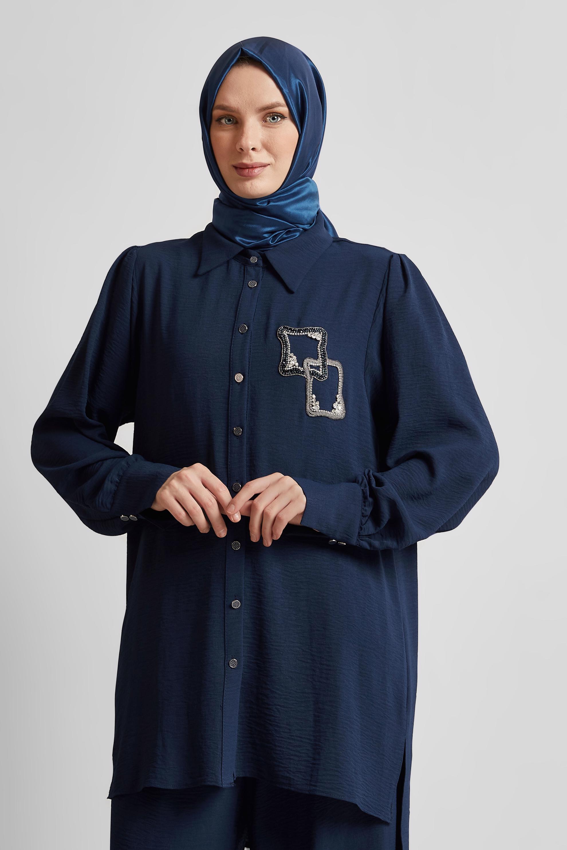 Tesettür giyim LACİVERT TAŞ BASKILI PANTOLONLU TAKIM 45485