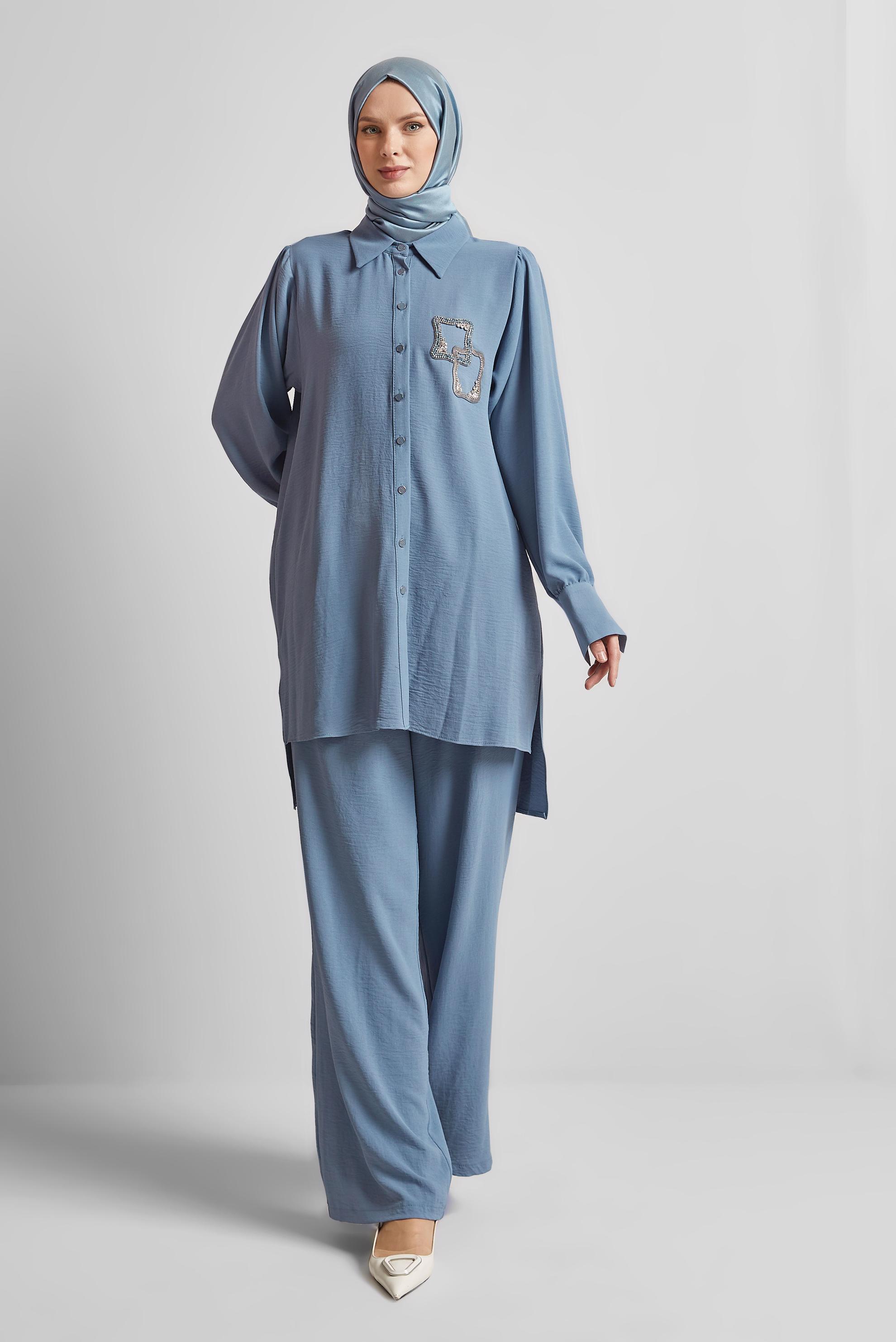 Tesettür giyim MAVİ TAŞ BASKILI PANTOLONLU TAKIM 45485
