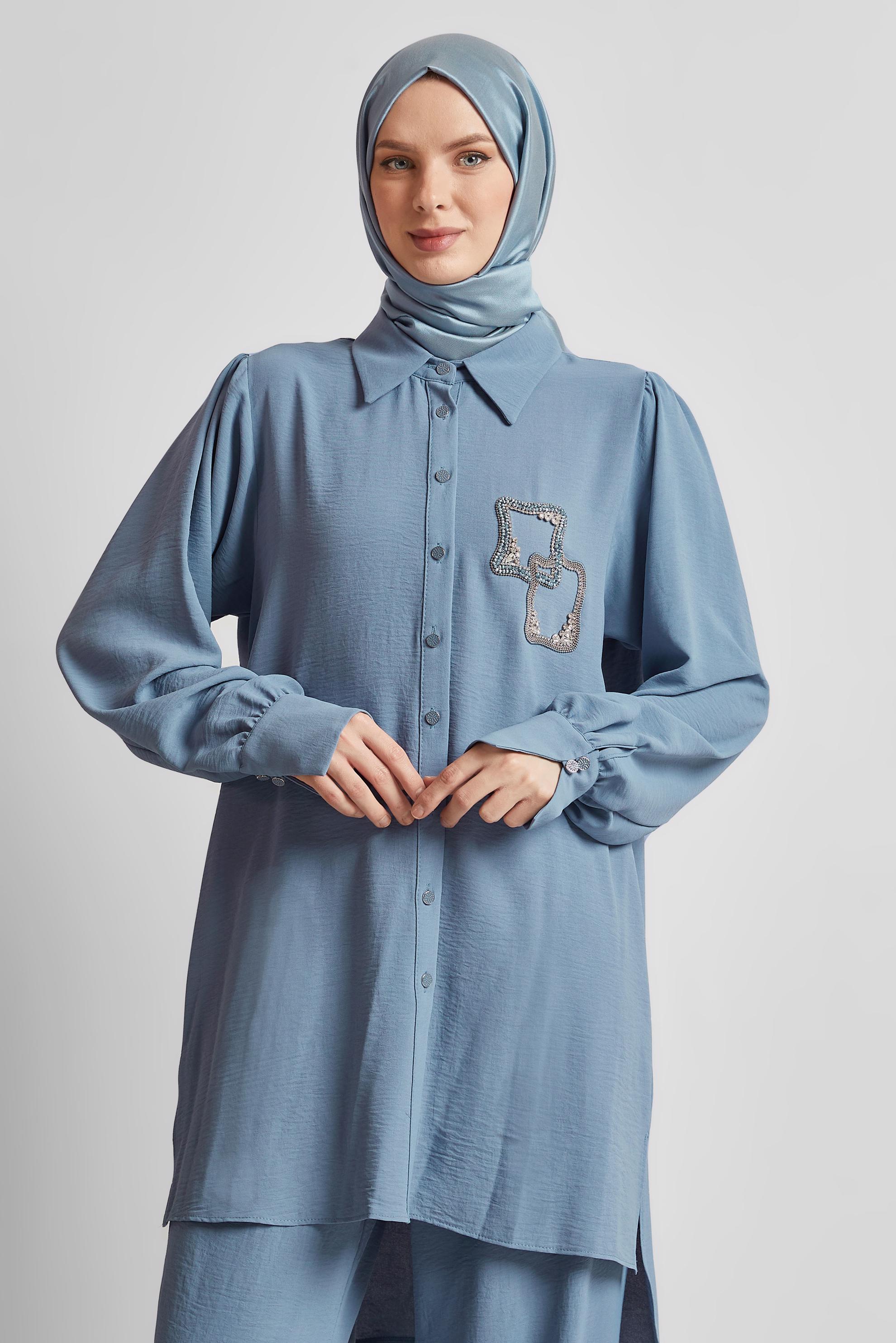 Tesettür giyim MAVİ TAŞ BASKILI PANTOLONLU TAKIM 45485