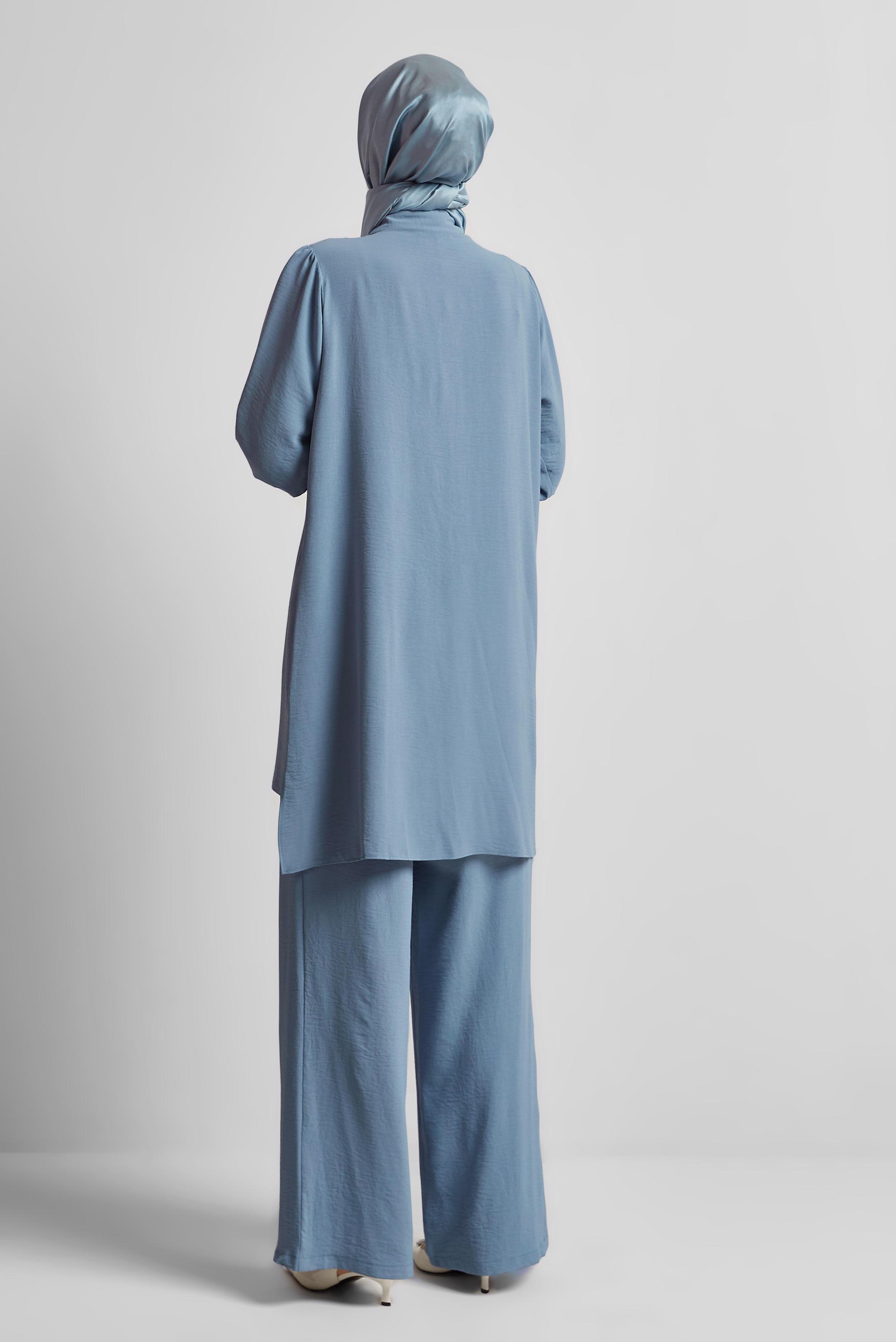 Tesettür giyim MAVİ TAŞ BASKILI PANTOLONLU TAKIM 45485