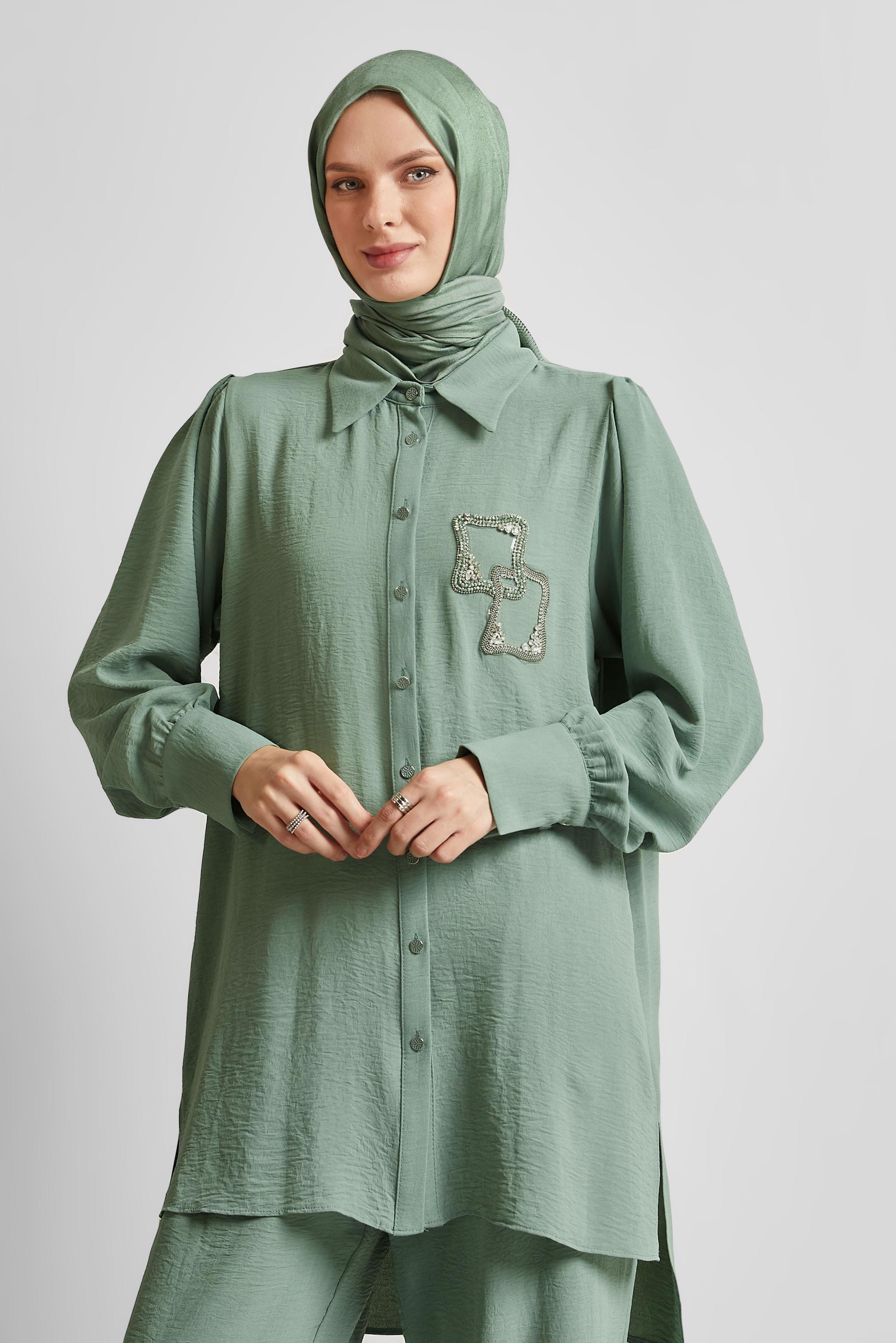 Tesettür giyim YEŞİL TAŞ BASKILI PANTOLONLU TAKIM 45485