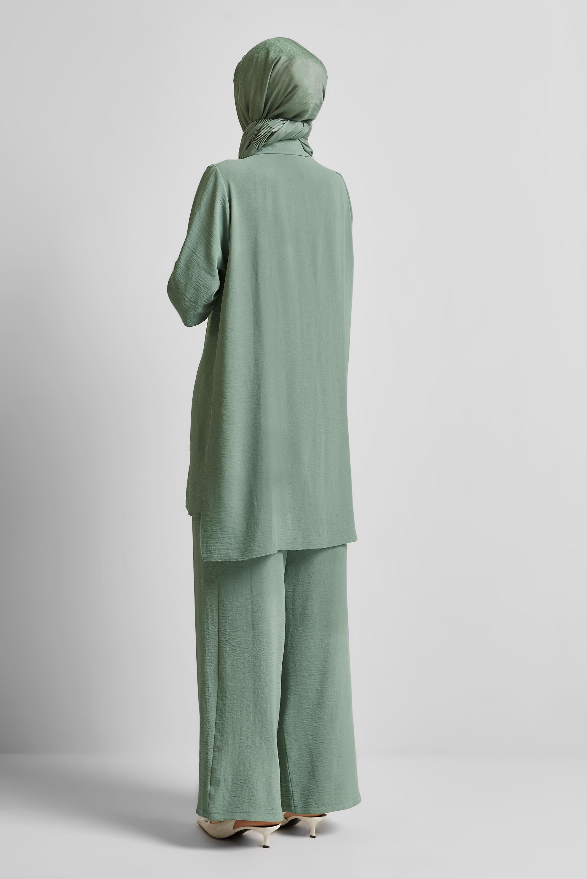 Tesettür giyim YEŞİL TAŞ BASKILI PANTOLONLU TAKIM 45485