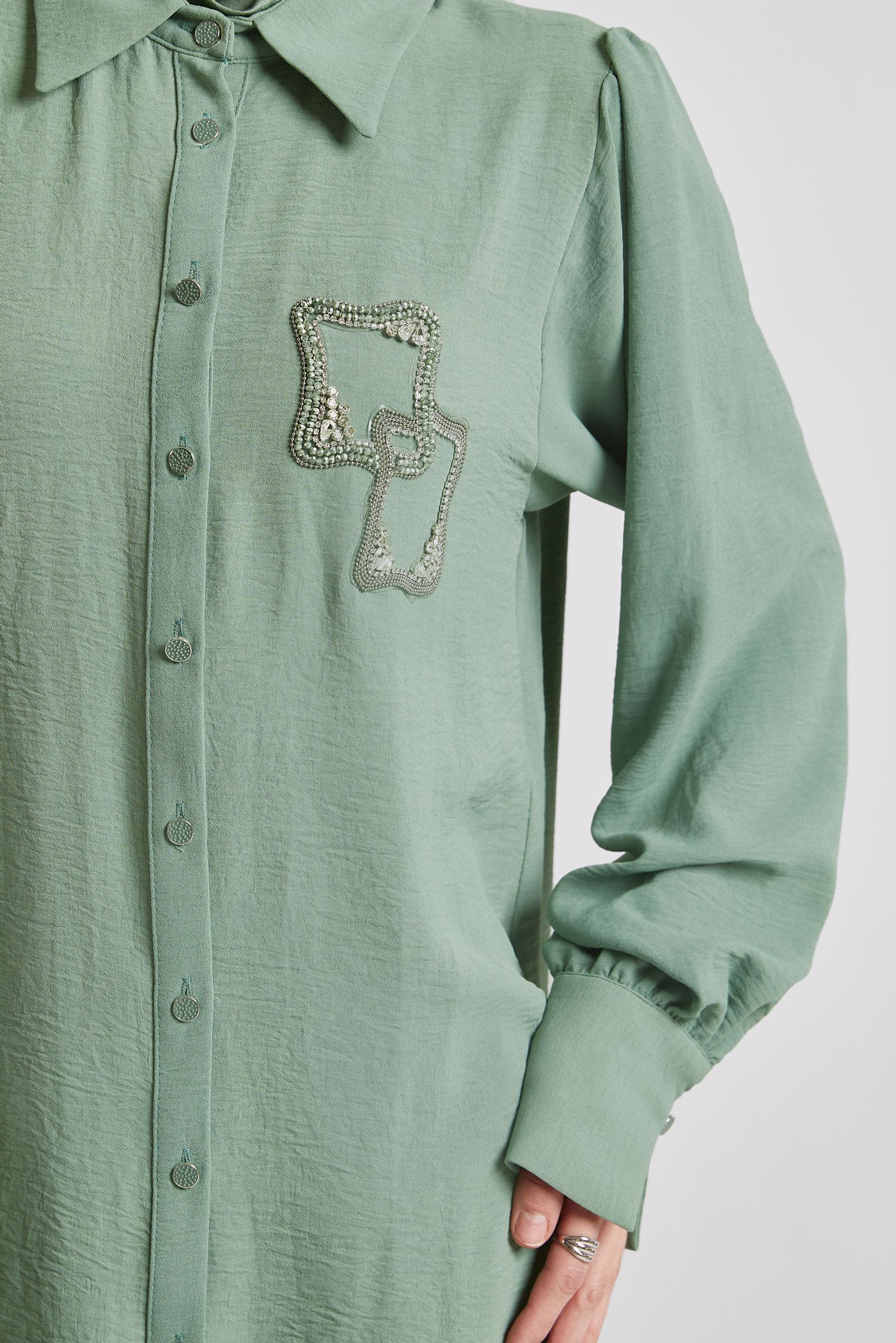 Tesettür giyim YEŞİL TAŞ BASKILI PANTOLONLU TAKIM 45485