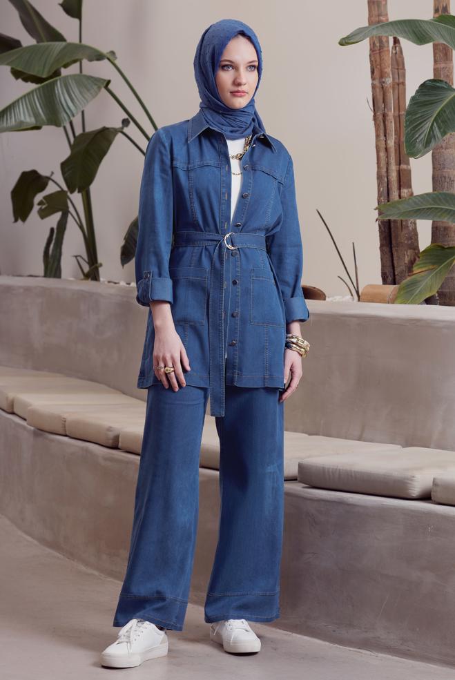 Vêtements hijab BLEU COSTUME PANTALON EN DENIM CEINTURÉ 45515 - ALVİNA