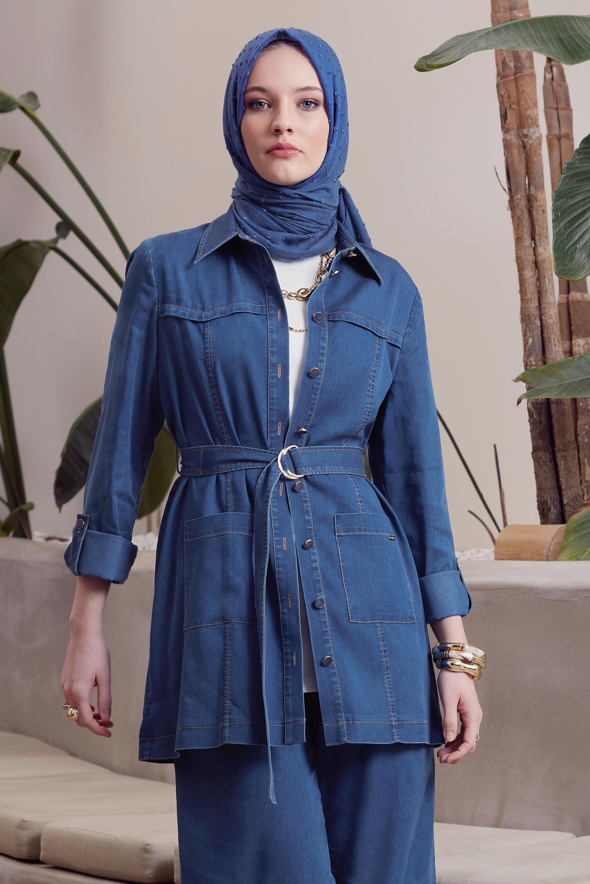 Tesettür giyim MAVİ KEMERLİ PANTOLONLU DENİM TAKIM 45515